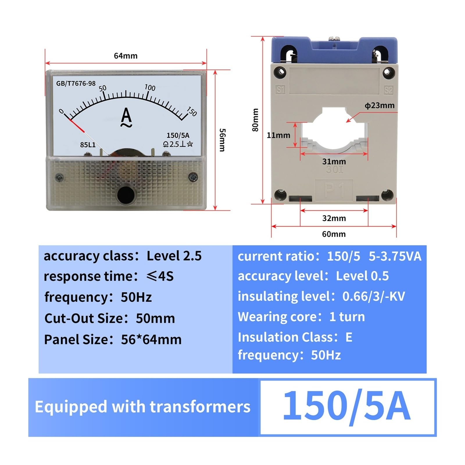 Amperímetro de CA 85L1 30A/5-800A/5, equipado con cable de cobre con orificio de 30mm/40mm, transformador de corriente de bajo voltaje(Blue)