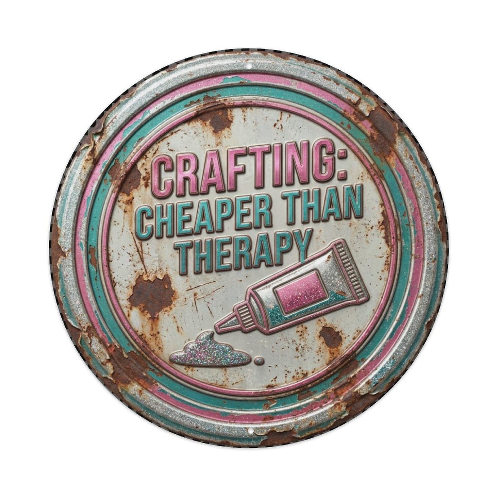 Crafting Cheaper Therapy Nostalgic Hanging Ornament Retro Slogans Vintage Metal Tin Sign Plaque Wall Decor for Cafe, Club, Garden Round Metal Poster 8x8Inch