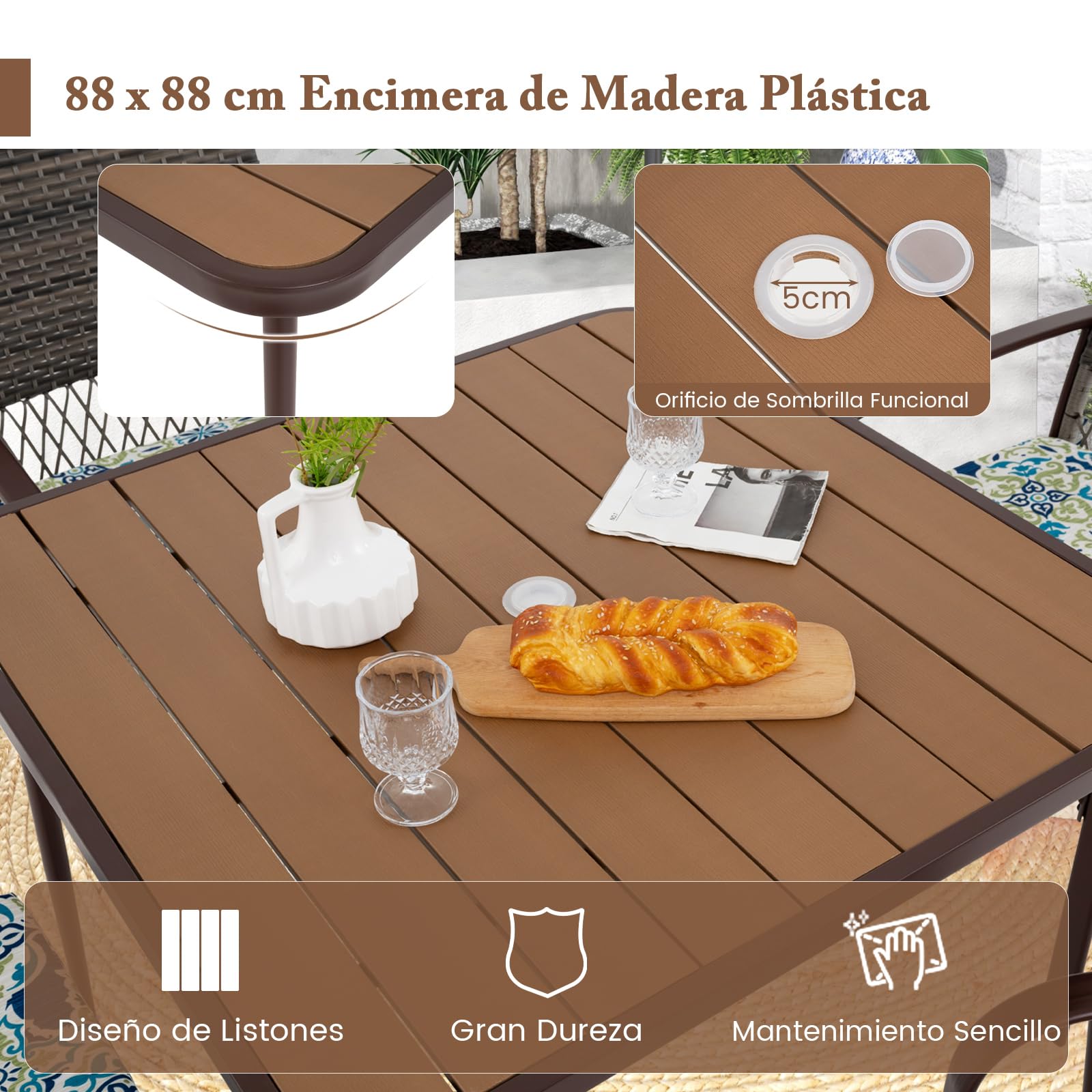 COSTWAY Conjunto Jardin Exterior de 5 Piezas, 4 Sillas de Ratán con Cojines y Mesa Cuadrada con Tablero de Madera Plástica y Agujero para Sombrilla, Muebles Comedor Jardin Terraza Balcon Exterior