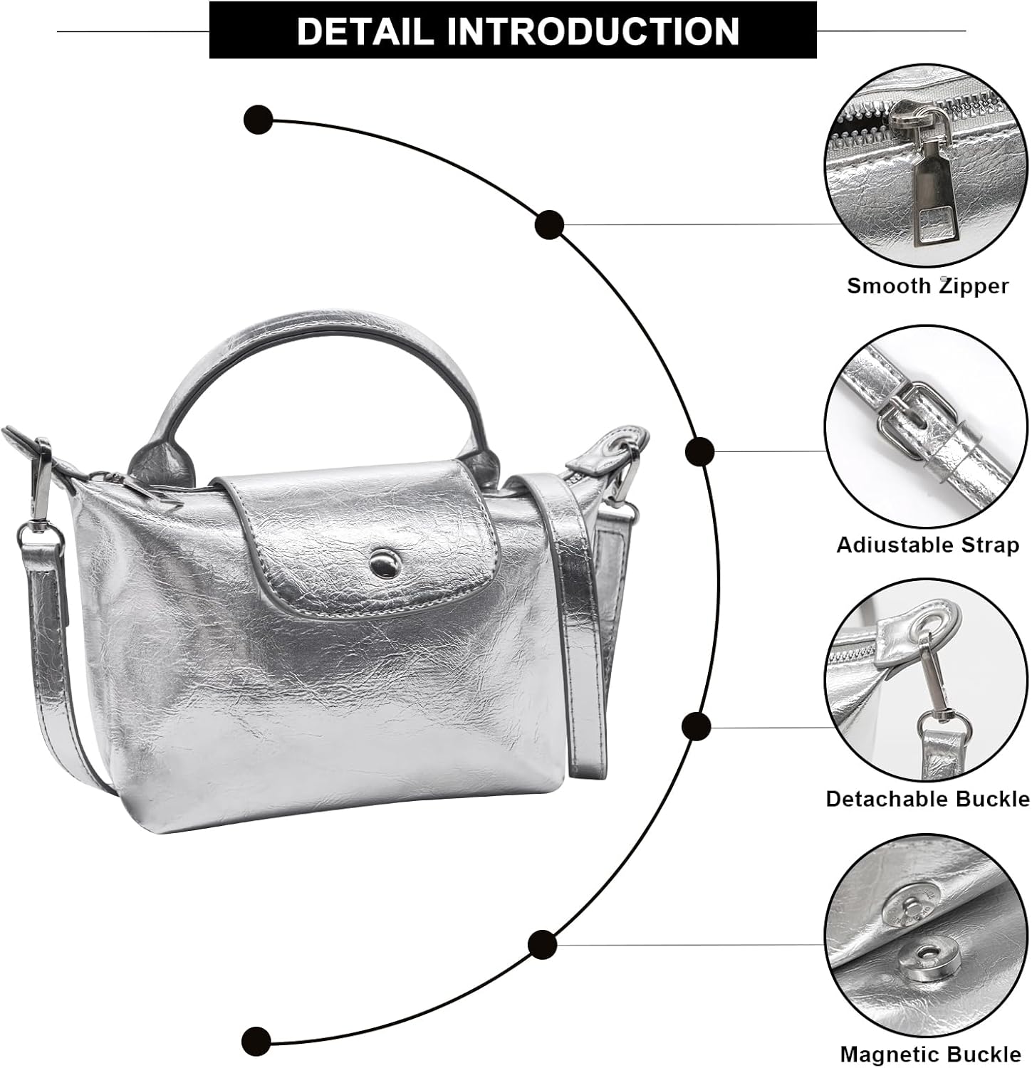 Long Keeper Small Crossbody Bag for Women Metallic PU Leather Shoulder Bag Mini Tote Handbags Zipper Top Handle Hobo Purse - Image 6
