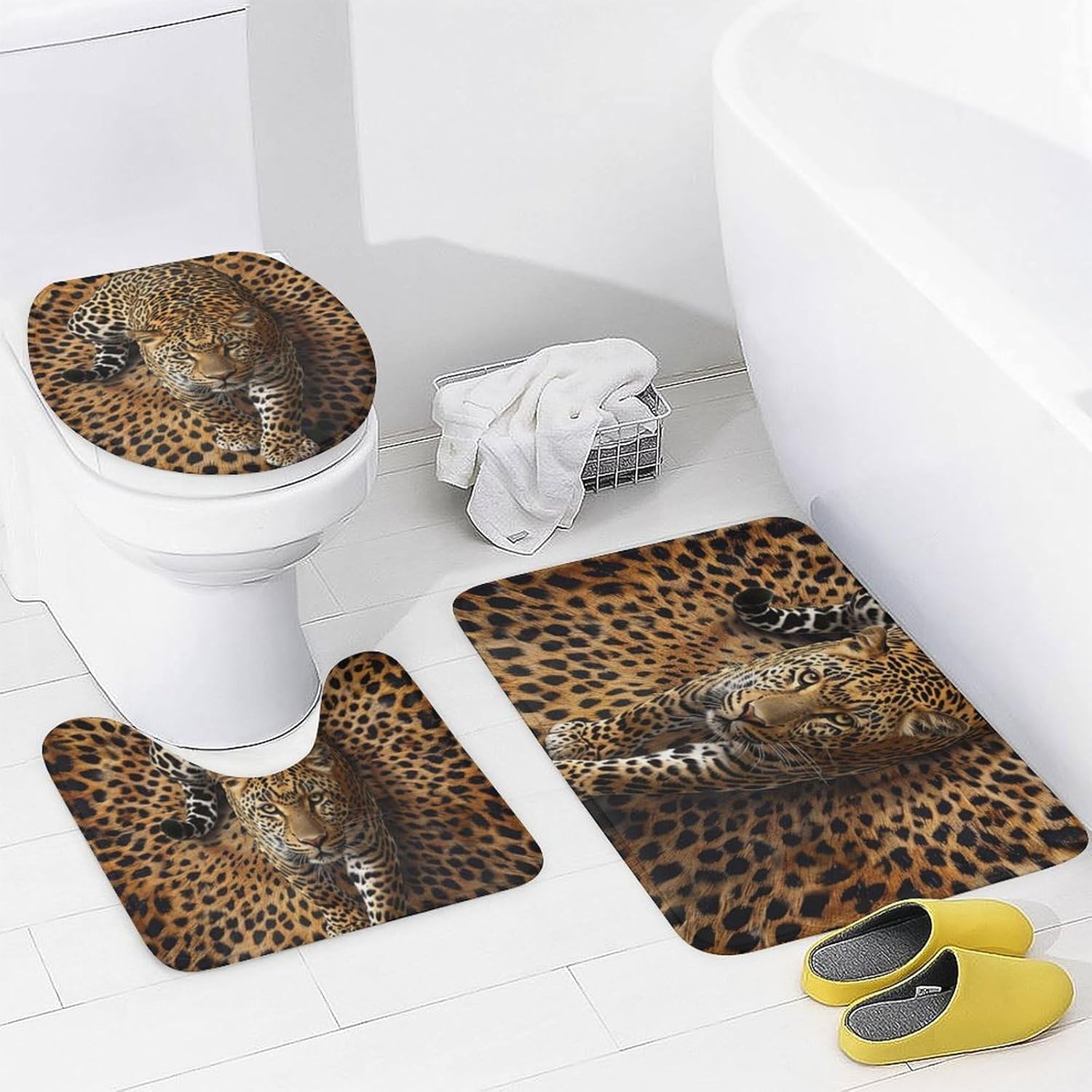 4Pcs Cheetah Wild Animal Shower Curtain Set with Rugs, Toilet Lid Cover and Bath Mat, Leopard Print Novelty Bathroom Curtains Decor Shower Curtains, 72" x 72"