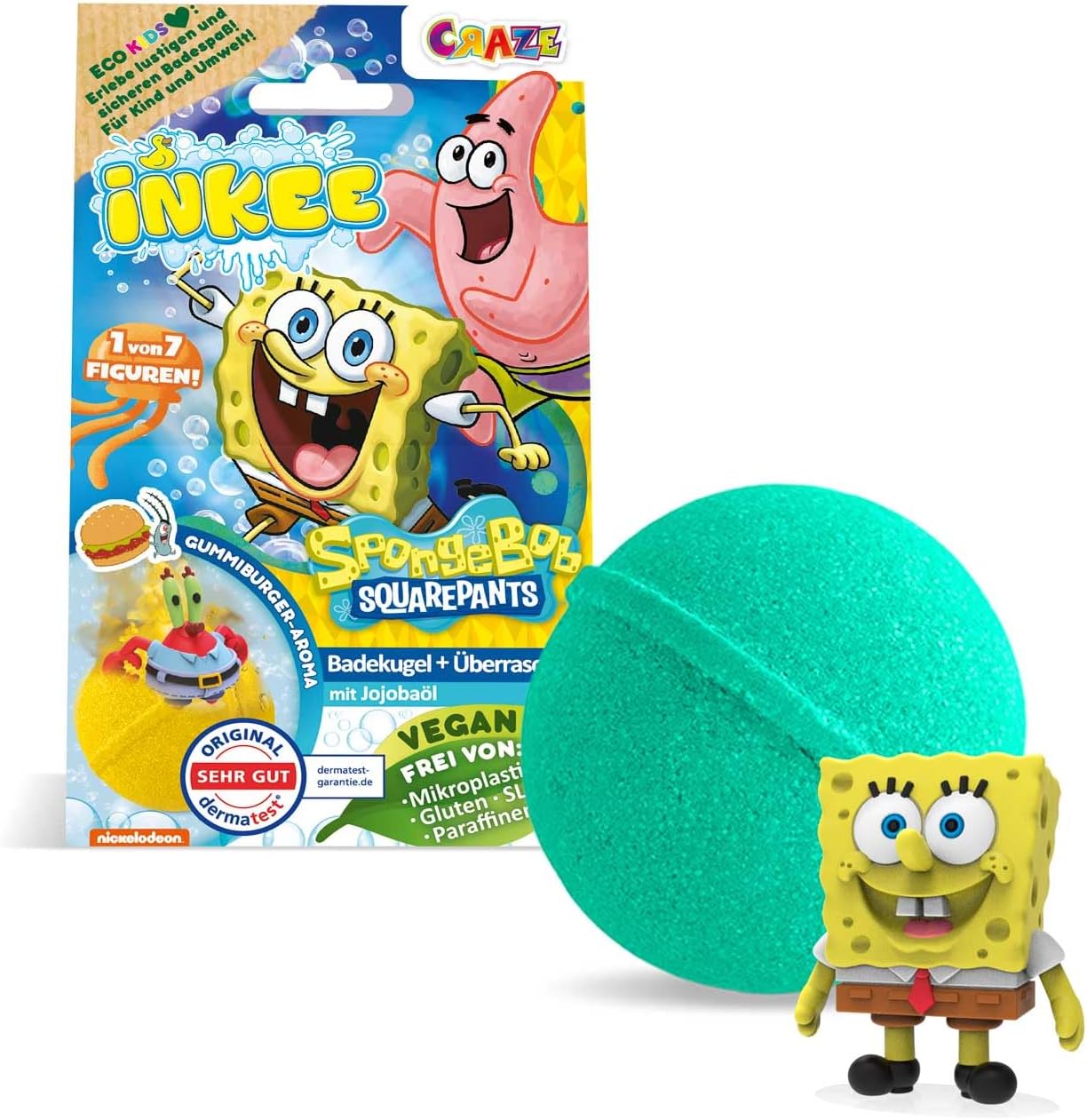 INKEE SpongeBob - Bath Bomb Children with Surprise - SpongeBob Squarepants Figures to Collect - Bath Ball 80 g with Burger Rubber Aroma and Jojoba Oil, Turquoise or Yellow