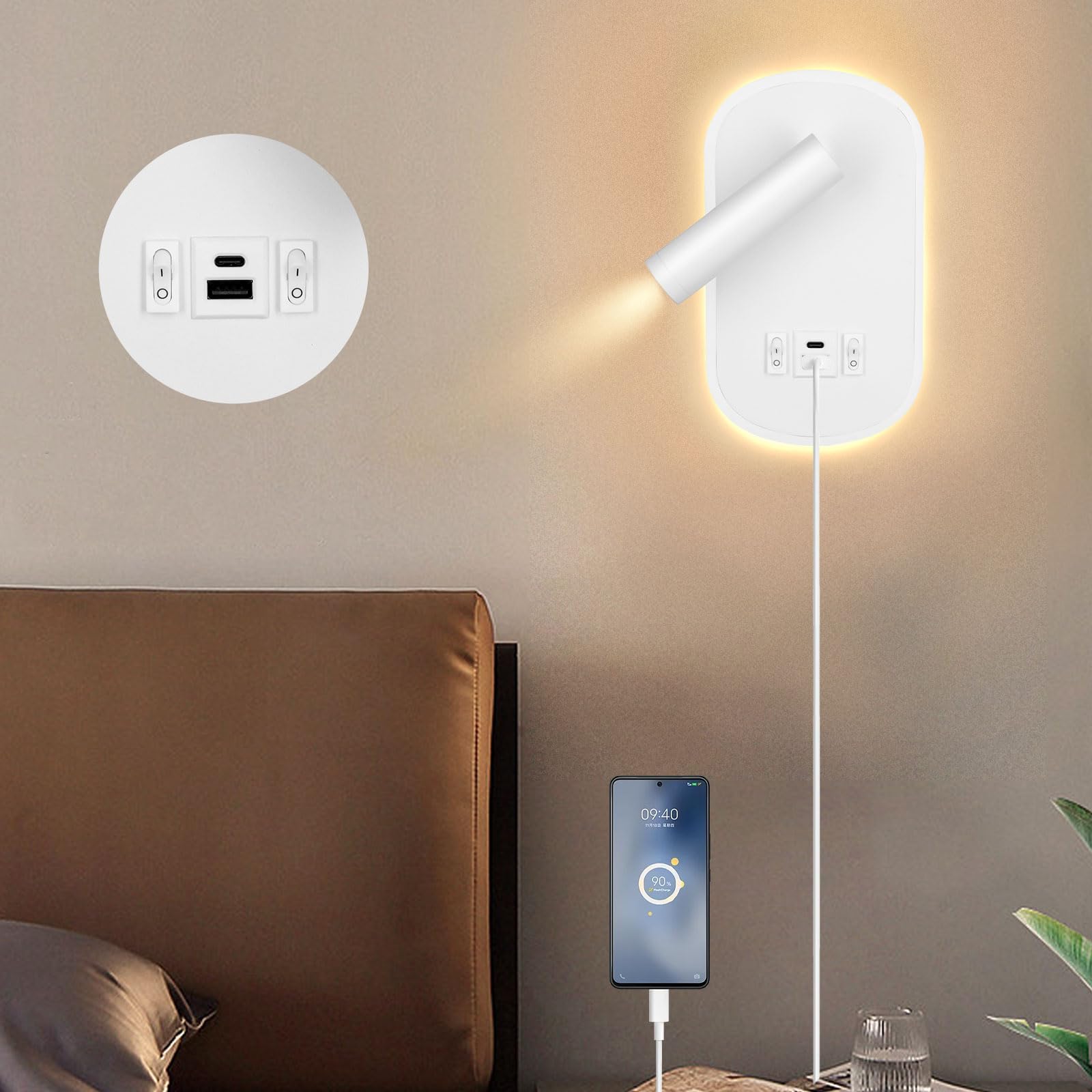 Aplique De Pared Ajustable Con Cable Con Interruptor, Lámpara De Pared Giratoria De 360 ​​° + 180 °, Luces De Pared De Lectura Junto A La Cama Del Dormitorio, Lámparas De Pared