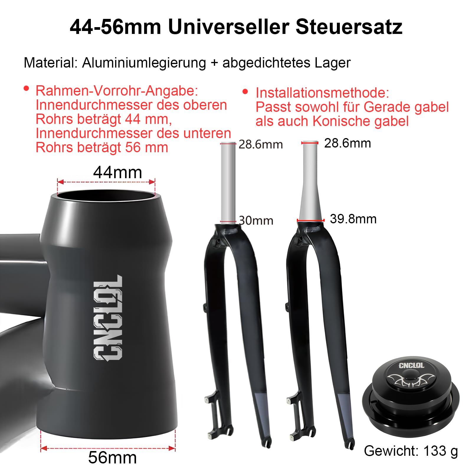 Fahrrad Steuersatz 34mm-44mm-41,8-52mm-44-55mm-44-56mm, Gabel Lager 1 1/8 Steuersatz Lenkkopflager, Semi integriert 1 1/8 Kugellager für MTB/Rennrad/BMX