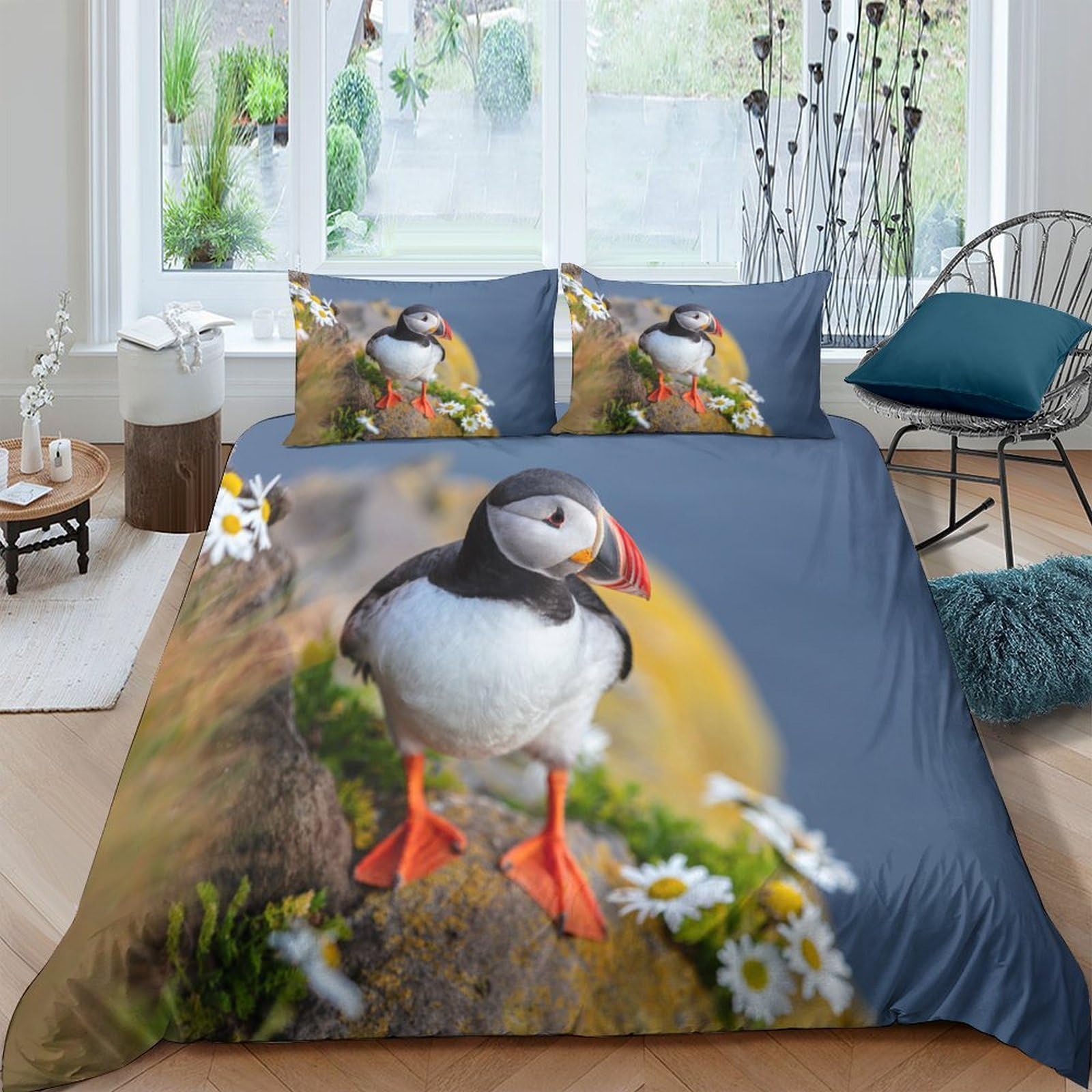 GPLZQXKJNH 3D Printed Puffin Meadow Duvet Cover Set Microfiber Soft Breathable Wildflower Quilt Cover with 2 Pillowcases for Bedroom Home Single（135x200cm）