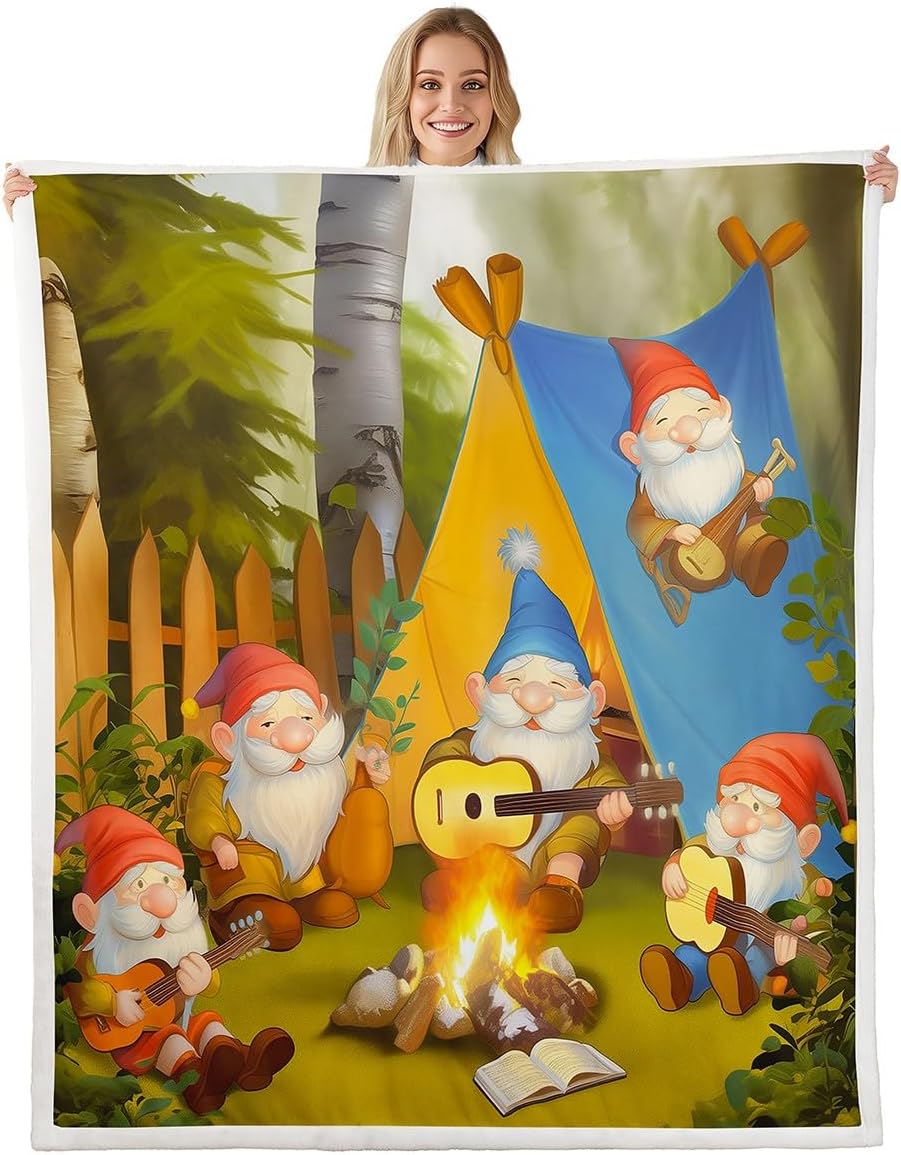 Funny Gnome Blanket Queen 90x90 Happy Camping Theme Blanket for Kids Teens Boys Girls Cartoon Bonfire Tent Sherpa Blanket Fantasy Fairy Tale Bed Blanket Sofa Bed Couch Decor