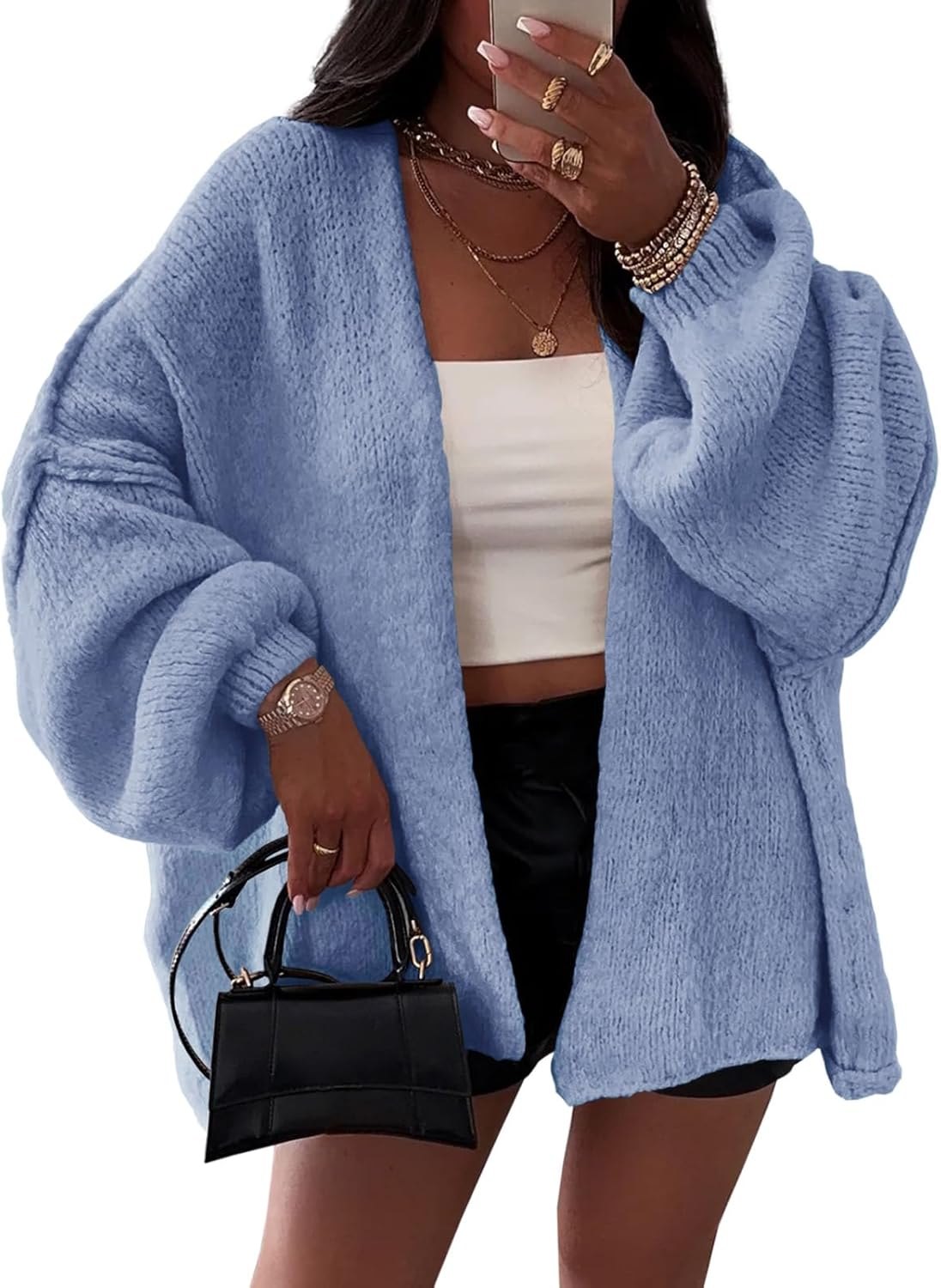 BKBEY Womens Oversized Chunky Cardigan Lantern Sleeve Open Front Loose Fall Slouchy Sweater Coats