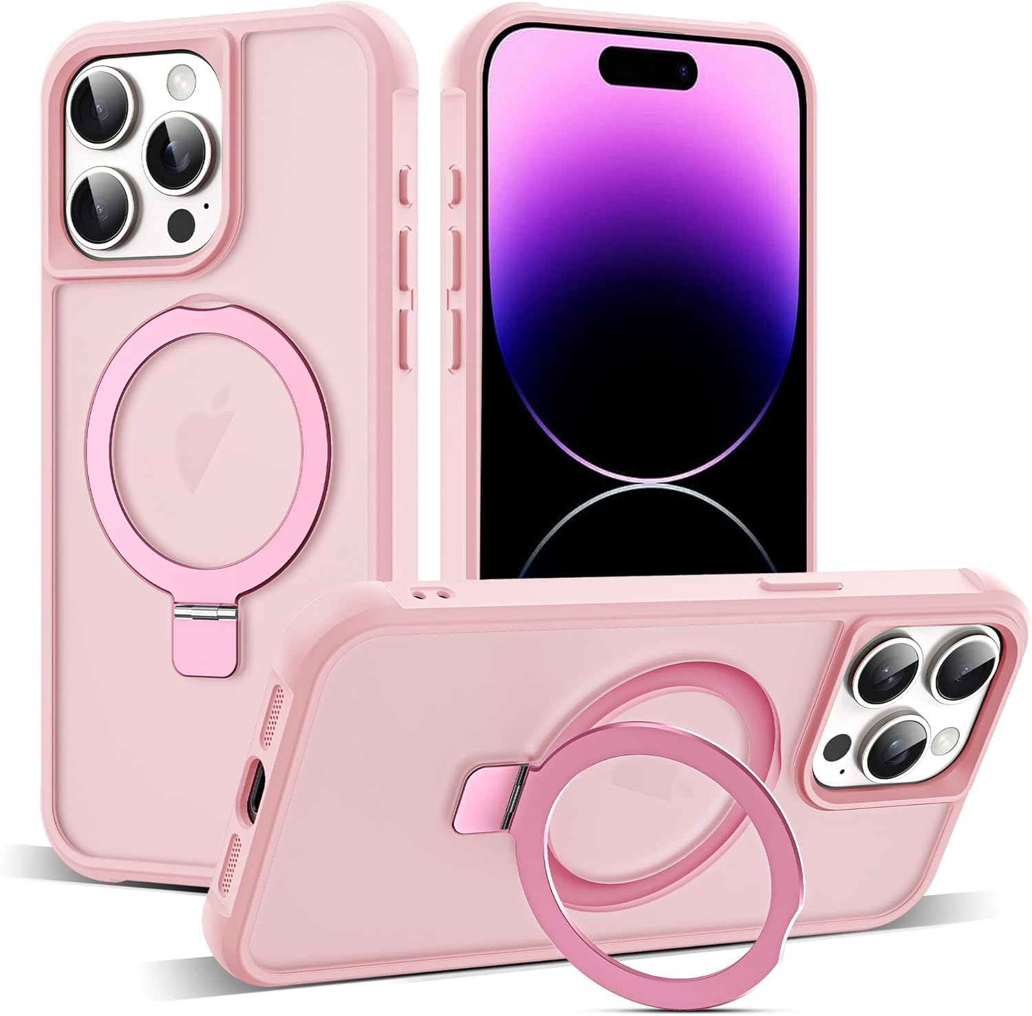 Designed for iPhone 14 Pro Max Case with Invisible Magnetic O-Ring Stand Military-Grade Translucent Case for iPhone 14 ProMax 6.7" [Designed for MagSafe][Great Grip Feeling], Pink