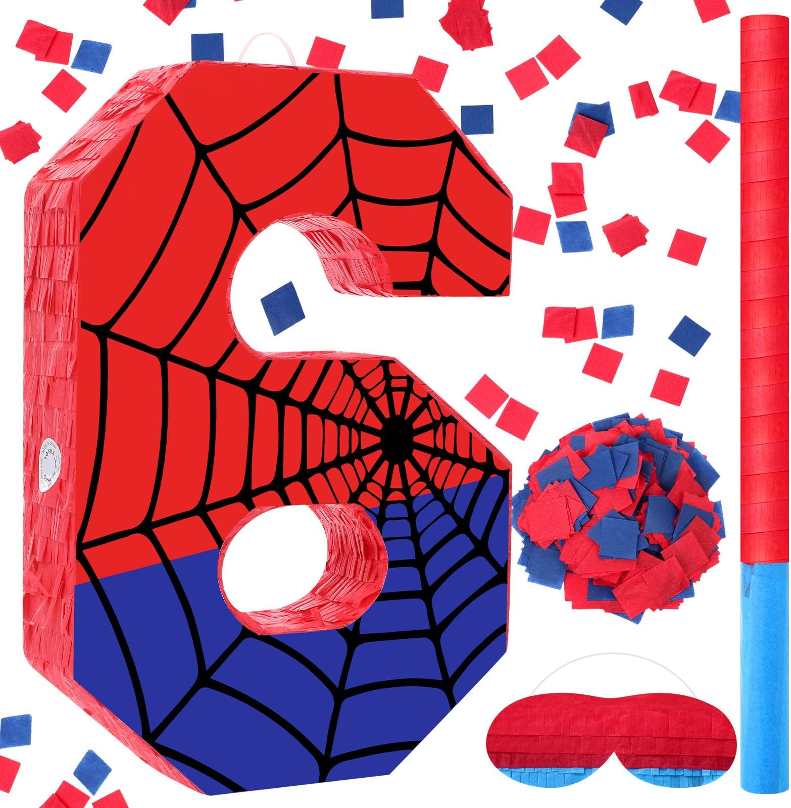 Simgoing Number 6 Spider Web Piñata Bundle with Blindfold Small Piñata for Kids Birthday Party Decoration Mexican Fiesta Cinco De Mayo Anniversary Celebration Gift, 15.75 x 11 x 2.8 In(Red Blue)
