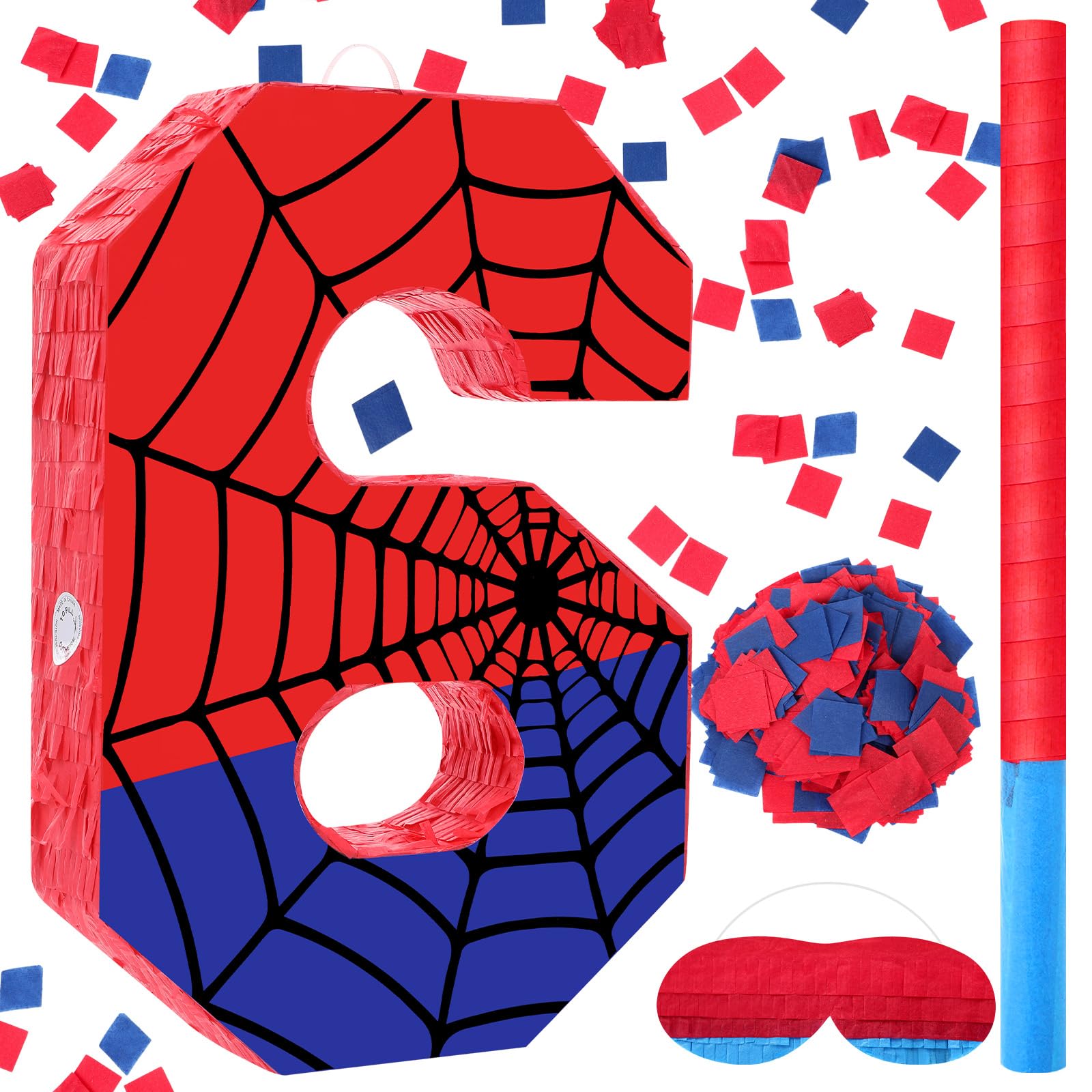 Number 6 Spider Web Piñata Bundle with Blindfold Small Piñata Birthday Party Decoration for Mexican Fiesta Cinco De Mayo Anniversary Celebration Gift, 15.75 x 11 x 2.8 In(Red Blue)