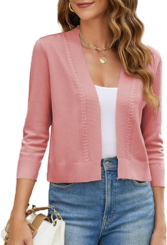 Womens Cropped Cardigan Sweater 3/4 Sleeve Open Front Bolero Shrug Sweaters Soft Cotton Knit Jacket Top