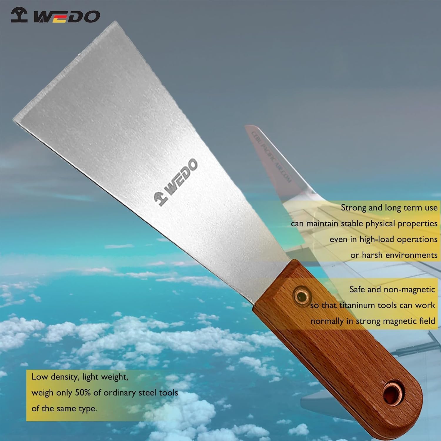 WEDO Titanium Putty Knife 2"(50mm), Long Wood Handle, Non-Magnetic Drywall/Spackle/Taping Knife, Length 8"(200mm), Paint & Wallpaper Scraper for Drywall Repair and Wallpaper Removal