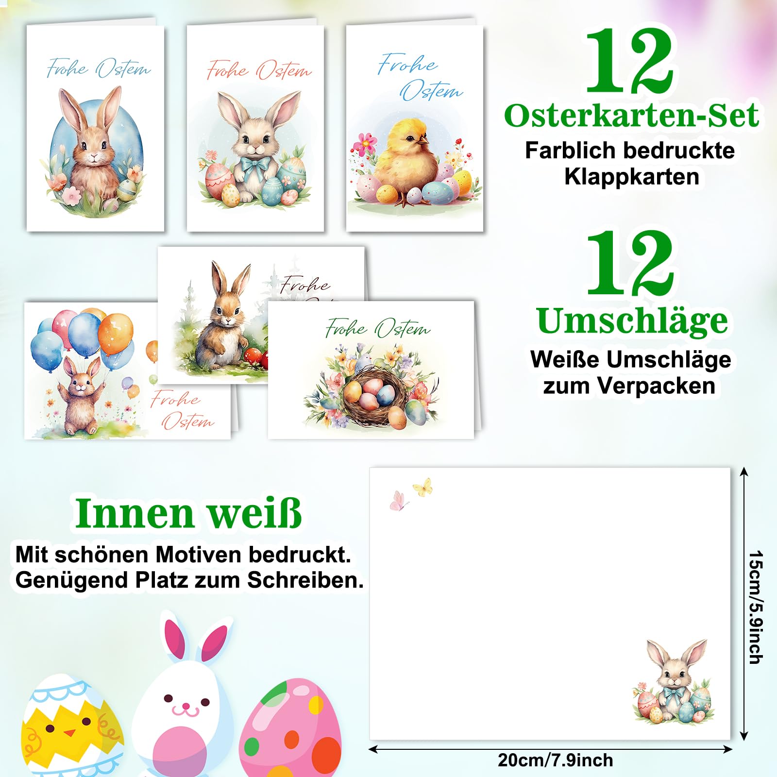 Zestaw 12 niemieckich kartek wielkanocnych z kopertami, otwieranych, z zajączkami i jajkami, Happy Easter