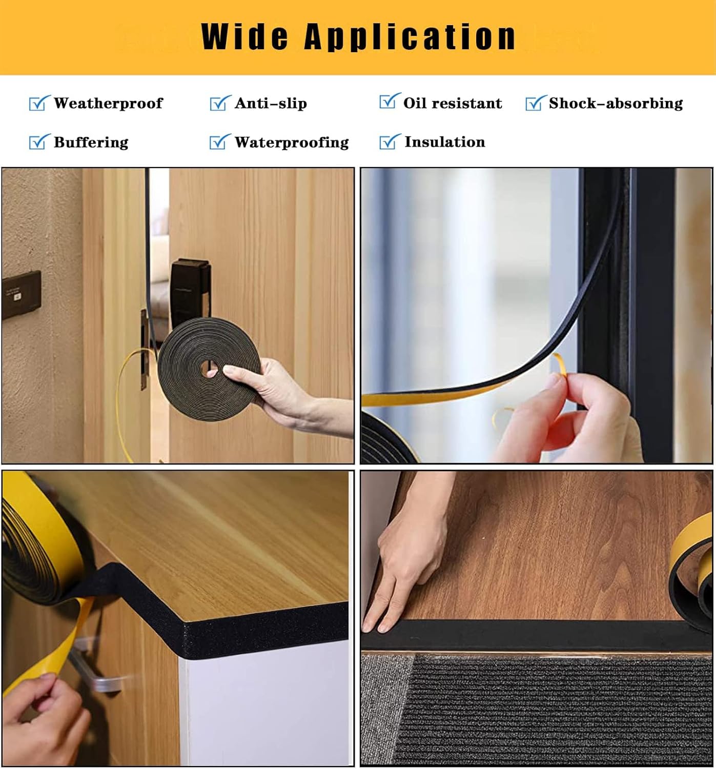 Strong Self Adhesive Foam Weather Stripping, Foam Seal Tape for Doors and Windows, SoundProof Weatherproof Insulation Strips, AC Seal Strip, Anti-Collision, Anti-Bug(3/4 in x 1/8 in x 33Ft, CR Black)
