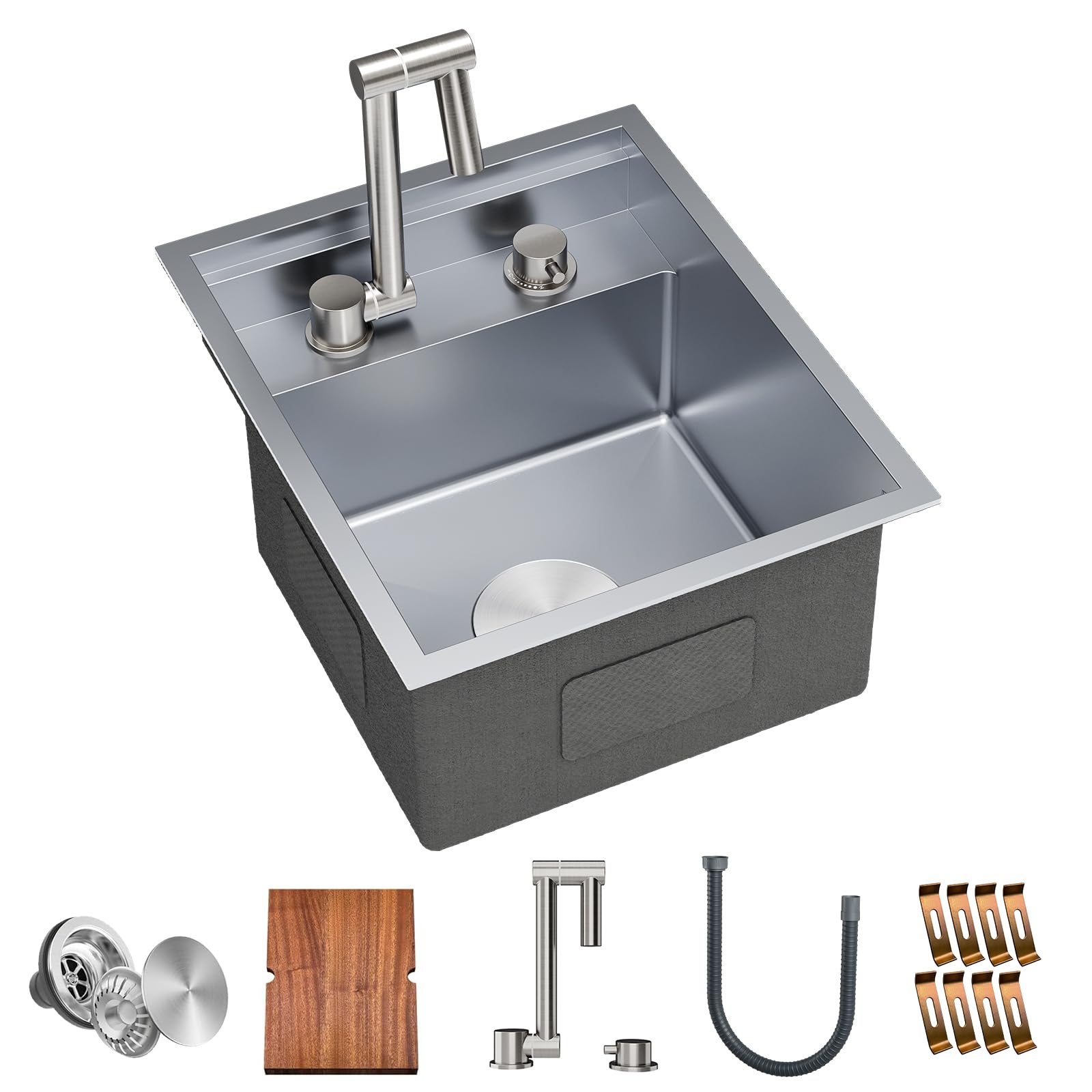 TORVA RV Kitchen Sink, 15 x 18 x 9 Inch Undermount Bar Sink 16 Gauge Stainless Steel Single Bowl Sink with Foldable Faucet Cutting Board, Grey