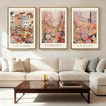 CHDITB 3pcs Large Pink Matisse Canvas Wall Art,Colorful Flower Market Wall Decor Boho Botanical Art Prints,Floral Morden City Street Poster,Framed Pictures for Living Room Bedroom Office(40x60cm)