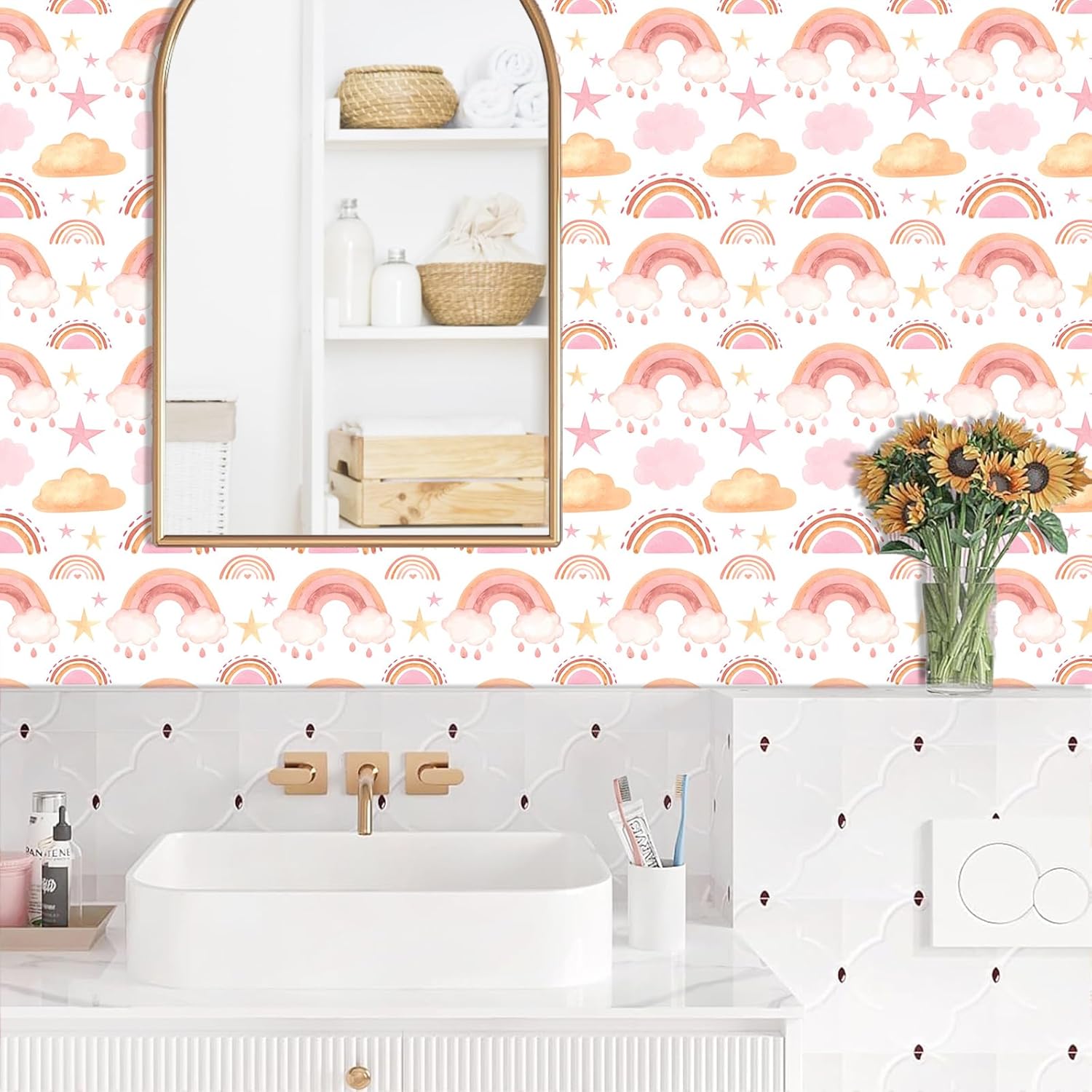 Boho Peel and Stick Wallpaper Watercolors Rainbow Wall Paper Removable Self-Adhesive Contact Paper for Girls Bedroom Art Mural Cabinets Art Vinyl Films Baby Nursery Covering Stickers 15.7x62.9IN