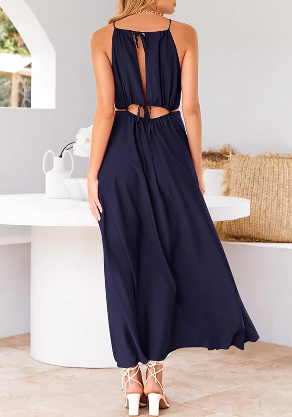 BTFBM Women Halter Summer Dresses 2026 Sleeveless Cutout Backless Sundress Slit Boho Maxi Beach Wedding Guest Dress(Navy, Medium) by BTFBM - Used condition - Image 6