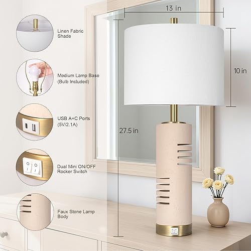 Miniatura 2 de Juego de 2 lámparas de mesa de piedra sintética de 27.5 pulgadas con luz nocturna, lámparas de granja para sala de estar con puertos USB A+C,