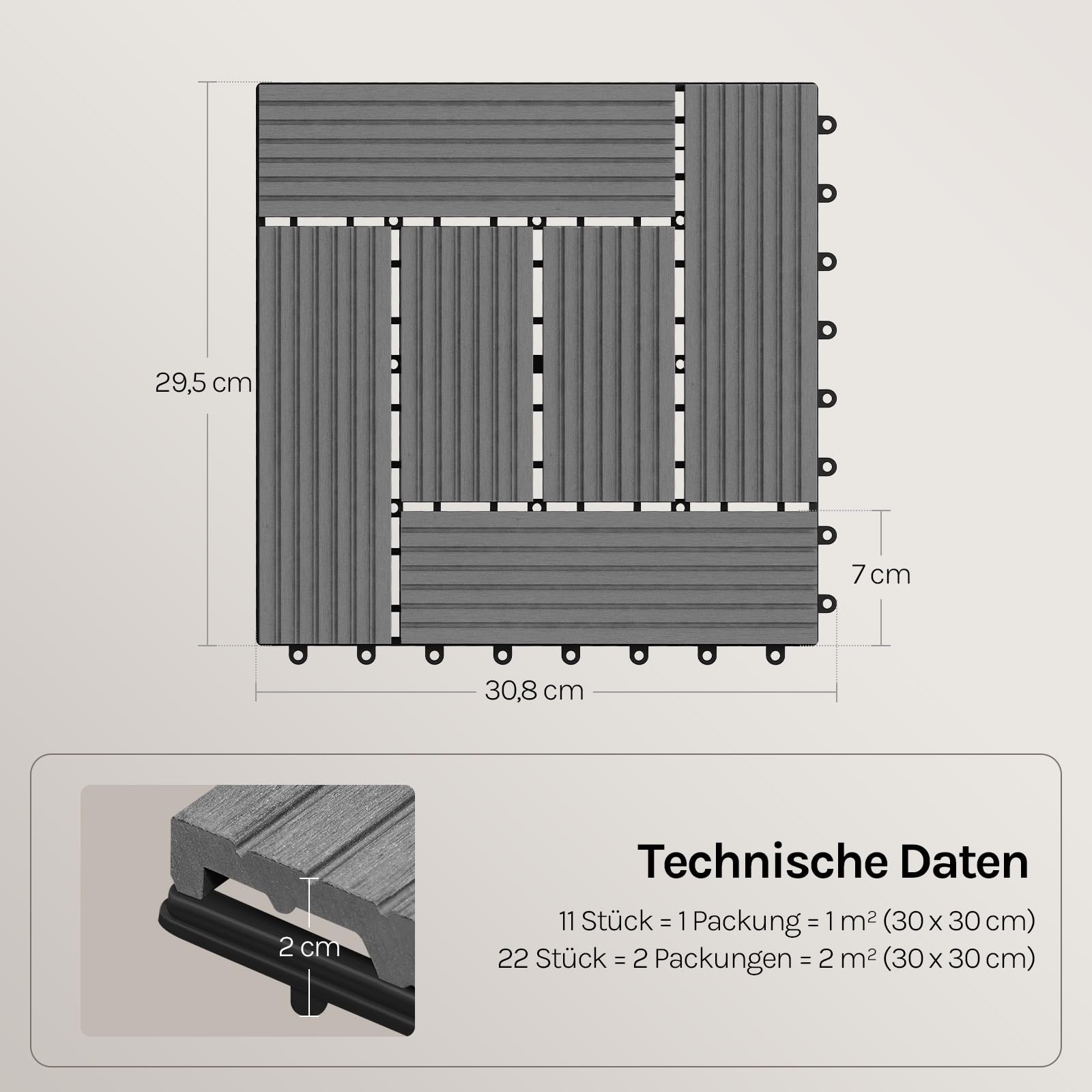 WOLTU WPC Terrassenfliesen Holzoptik, Hellgrau (22 Stück / 2 m²) | Premium WPC ohne Verwitterung, rutschhemmend, Klickverbindung ohne Werkzeug, für Garten und Terrasse nutzbar, langlebig