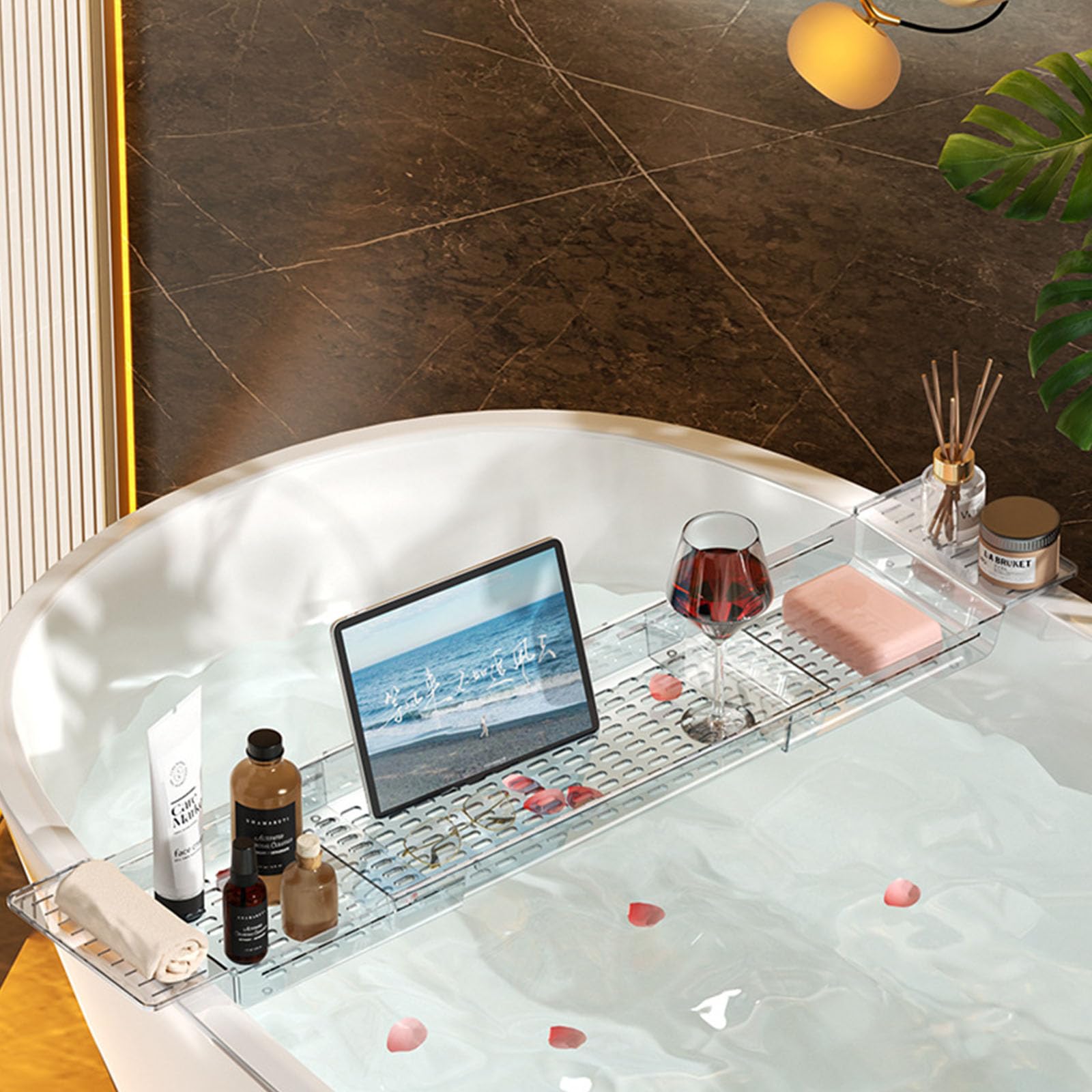Bandeja de bañera multiusos con soportes para vino y libros, estante de baño de lujo para relajación, experiencia de spa y uso diario para madres y amantes del cuidado personal