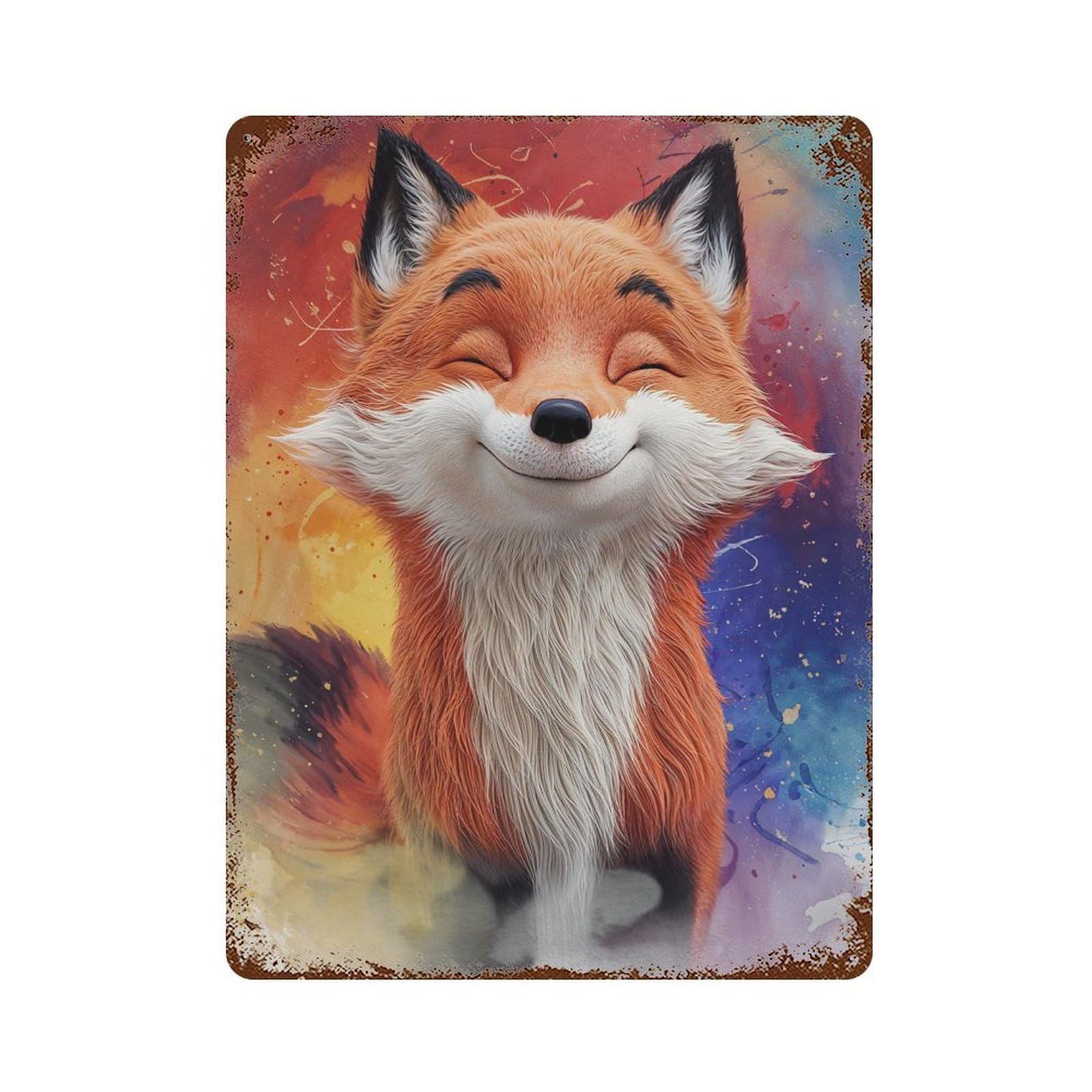 Smiling Cartoon Fox Mix 3D & Watercolor Vintage Metal Tin Sign 15.7"x11.8", Rustic Home Decor for Garage, Bar And Workshop Decor