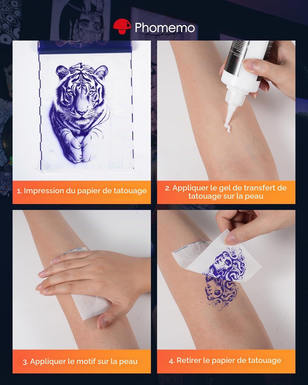 Phomemo Premium Papier Transfert Tatouage, M08F Papier Transfert Professionnel A4 pour Tatouage, Papier Stencil pour Tatouage Compatible avec Imprimante Tatouage M08F TP81 M08F Plus, 100 Feuilles