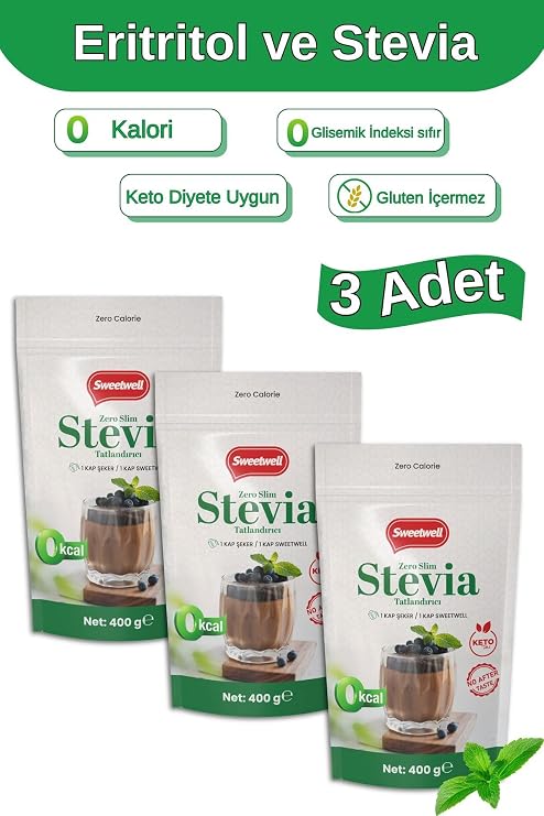 Sweetwell Zero Slim Stevia & Eritritol Tatlandırıcı 400 Gr x 3 Adet Şekersiz, 0 Kalori, Keto ve Vegan Uyumlu