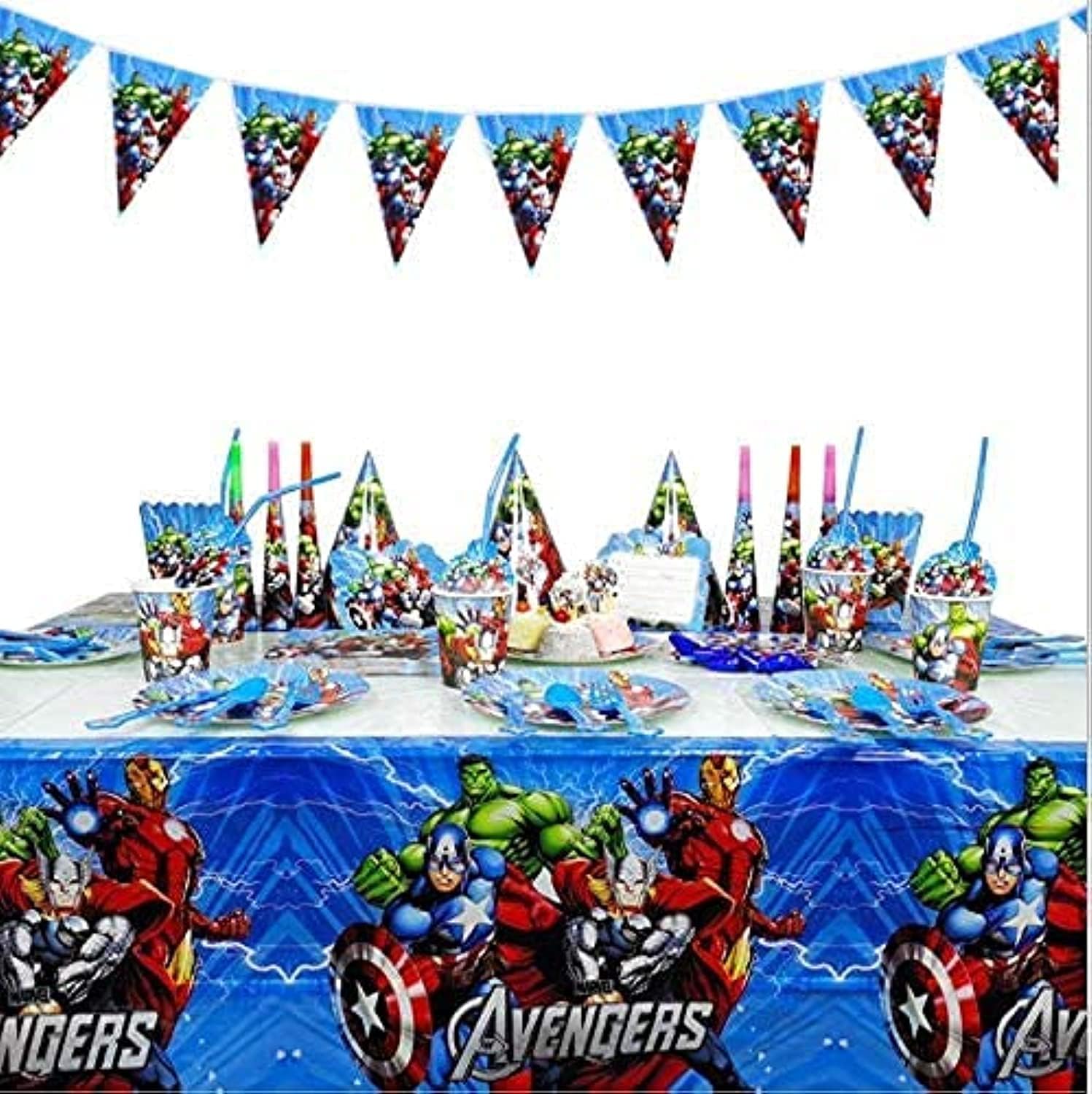 – Avengers Disposable Tableware Set for 10 Kids – 136 Pcs Birthday Party Supplies with Plates, Cups, Napkins, Cutlery, Tablecloth & More - Blue Superhero Birthday Party Decoration for Boys