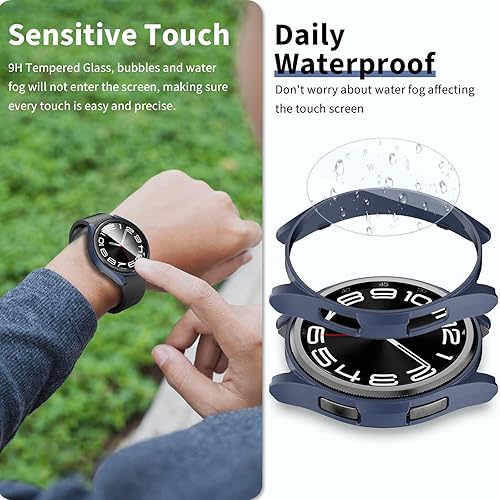Miniatura 10 de XINGHAO Paquete de 3 + 3 fundas para Samsung Galaxy Watch 6 Classic de 1.73 pulgadas con vidrio templado, policarbonato duro, impermeable,