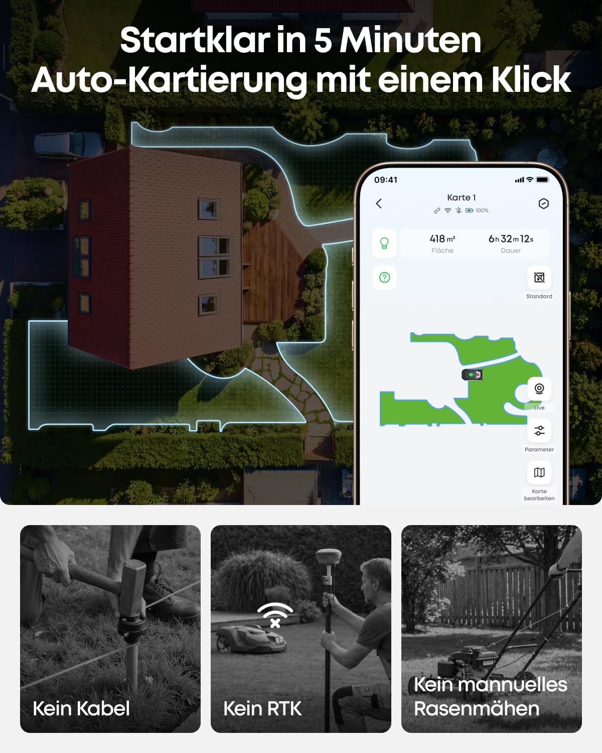 eufy Mähroboter C15 Set mit Garage & Ersatzklingen, ohne Begrenzungskabel | Bis zu 500m², TrueVision, keine Signalprobleme, Auto-Kartierung, igelsicher, intelligente Navigation, präzises Randmähen