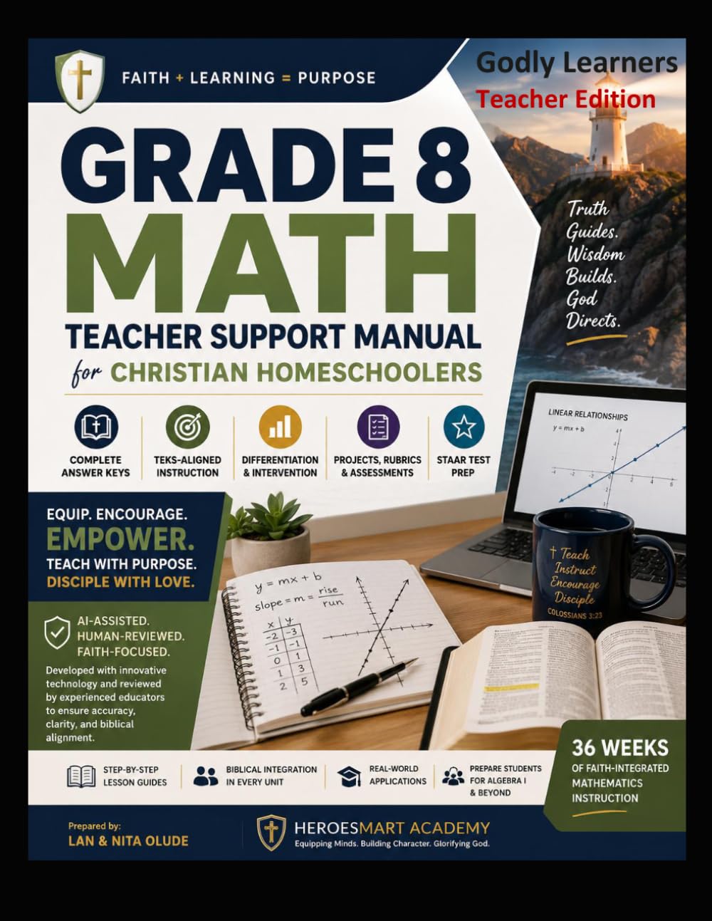 Grade 8 Mathematics for Christian Homeschoolers: Teacher Support Manual: Teacher Guide with Answer Keys, TEKS Instruction, STAAR Prep, Projects, and Faith-Based Learning (Godly Learners)