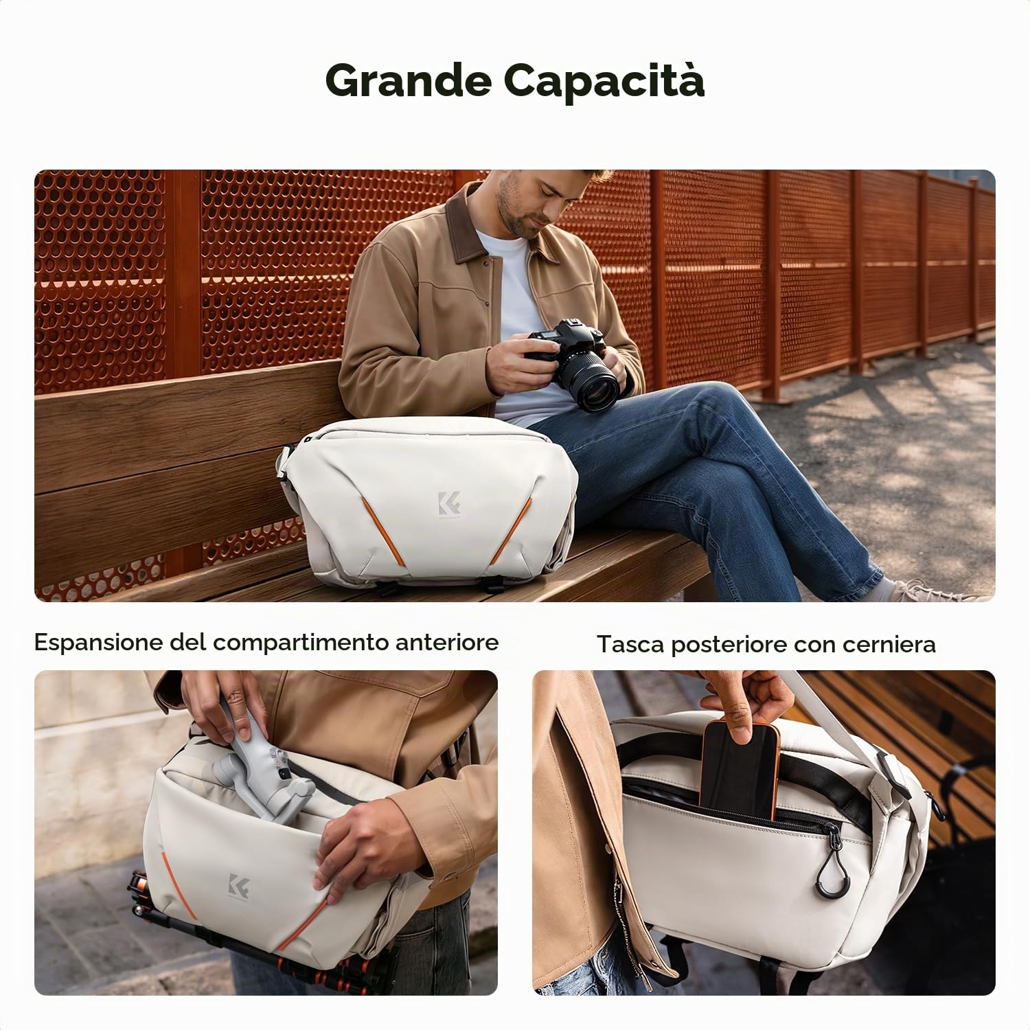 K&F CONCEPT Borsa a Tracolla per Fotocamera | tasca laterale ripiegabile, per uomo e donna, per Canon/Sony/Nikon/DSLR/mirrorless, BS19