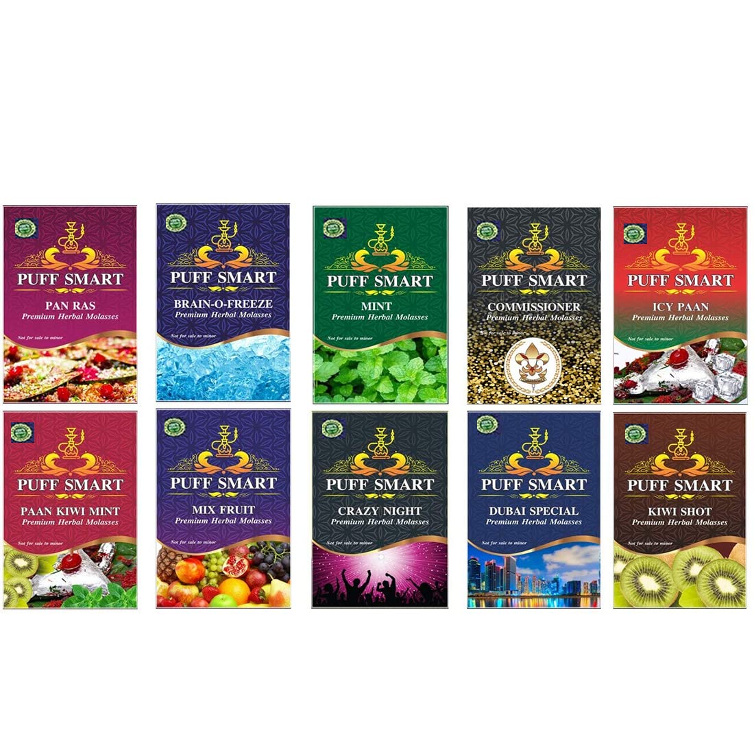 PUFF SMART Pan Ras, Mint, Brain-o-Freeze, Comm, ICY Pan, Mix Fruit, PKM, Dubai Special, Crazy Night and Kiwi Shot Herbal Molasses (Set of 10) (100% Tobacco and Nicotine Free)-image-46