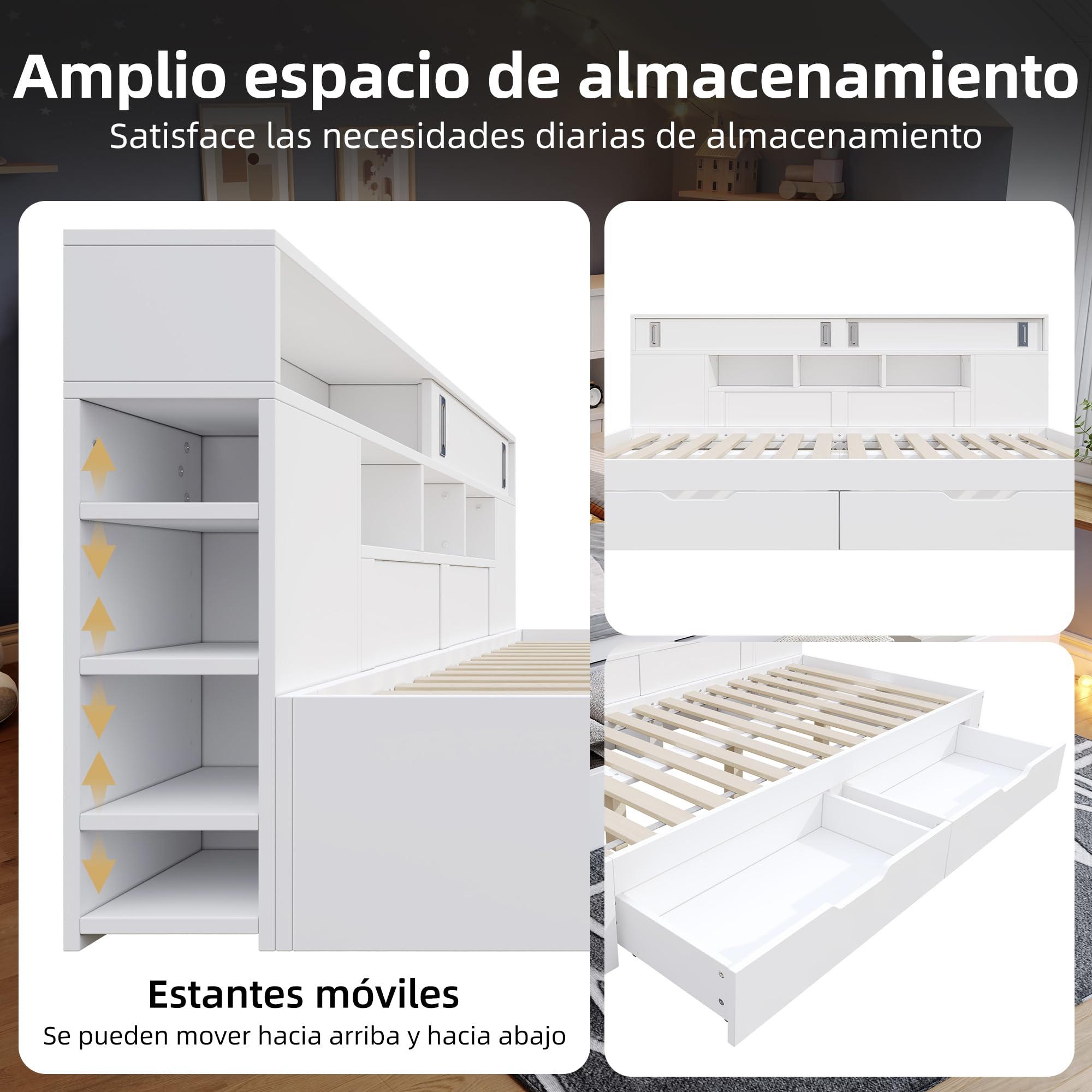 LAKFEW Cama Individual 90x190 cm Cama Infantil con 2 Cajones y Almacenaje Oculto en Puerta Corredera, Camas Juveniles con Estante Ajustable, Somier de Madera, Blanco, Sin Colchón