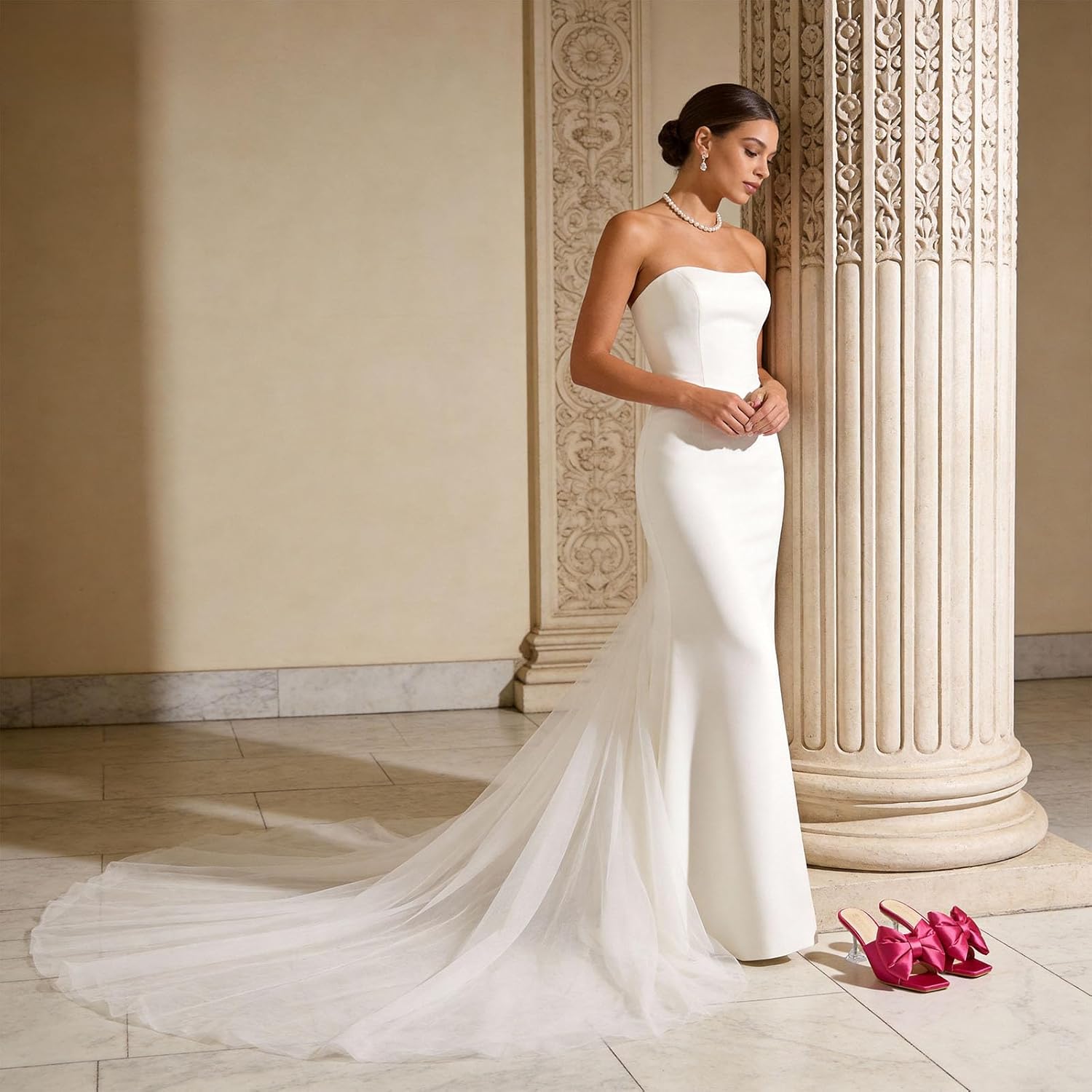 Heiyom Women's Bow Clear Heels Slippers Dress Sandals Square Toe Stiletto Mules Slip on Wedding Prom Shoes