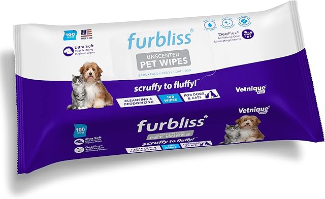 Furbliss Hygienic Pet Wipes for Dogs & Cats, Cleansing Grooming & Deodorizing Hypoallergenic Thick Wipes with All Natural Deoplex Deodorizer, Unscented - by Vetnique Labs  (100 count)