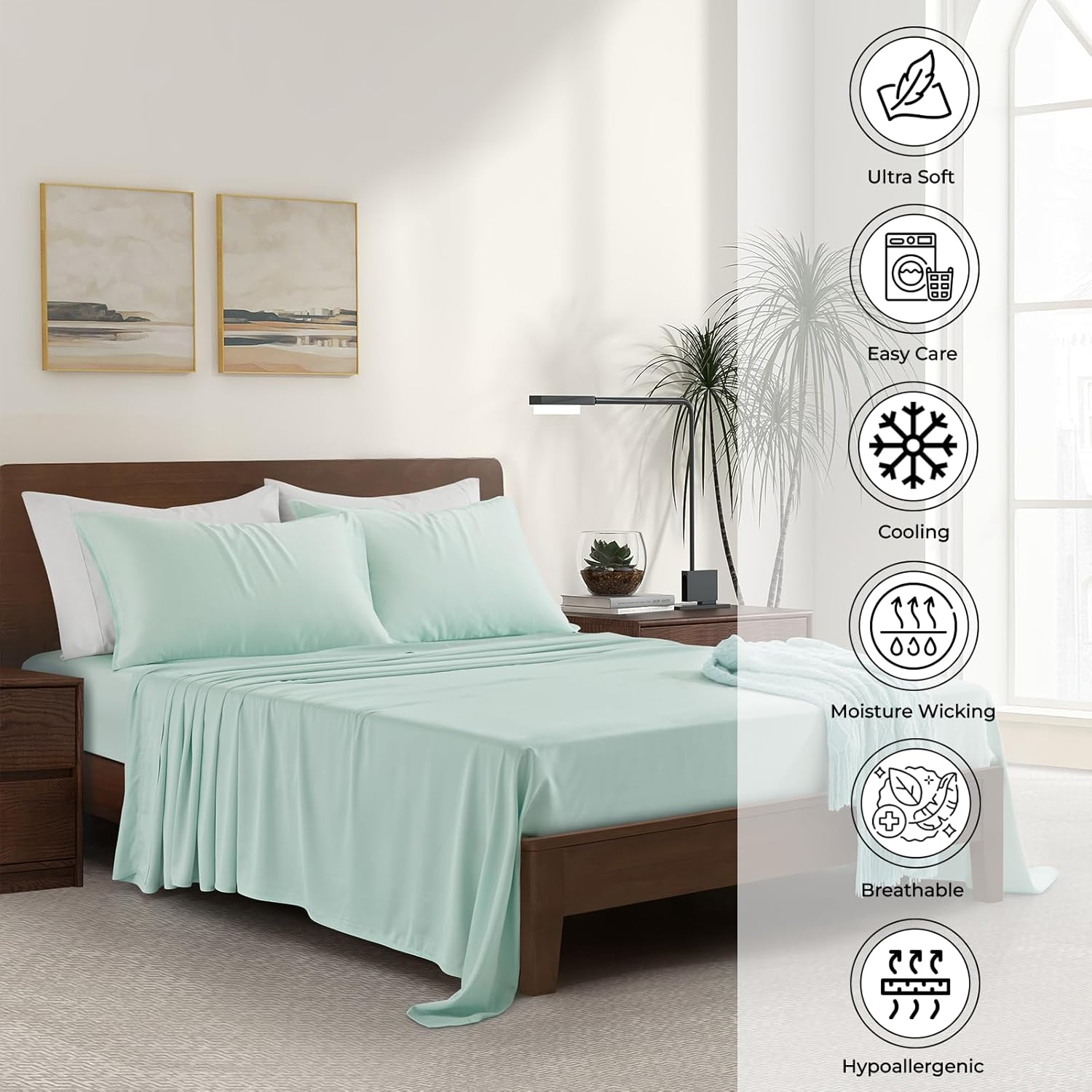 Luxury Bamboo Market | King Size Bed Sheet Set | 100% Viscose Made from Bamboo | Organically Grown | Ultra Soft | Cooling Sheets for Hot Sleepers | 17" Deep Pocket [Coastal Green] - Image 2