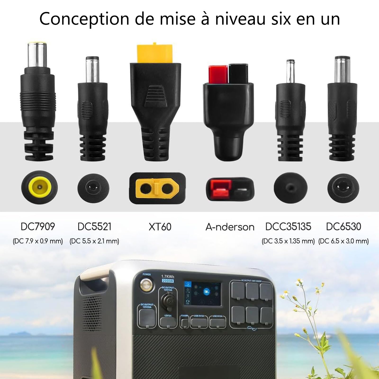 Câble Panneau Solaire vers XT60 Anderson 2M,Adaptateur 6 en 1 | Câble 12AWG,Étanchéité IP67,Compatible stations d'énergie portables,Connecteurs plaqués or