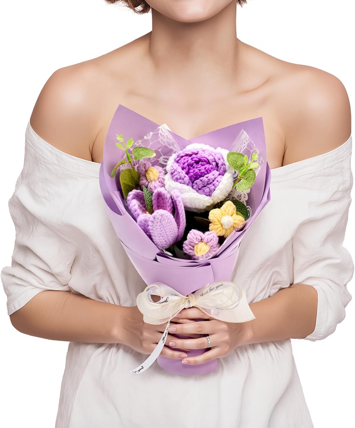 Crochet Flowers Bouquet Valentine's Day Gift for Wife Girlfriend Mother Women, Handmade Artificial Knit Purple Rose Tulip Flower for Wedding Anniversary Birthday Valentine Present, Home Decor