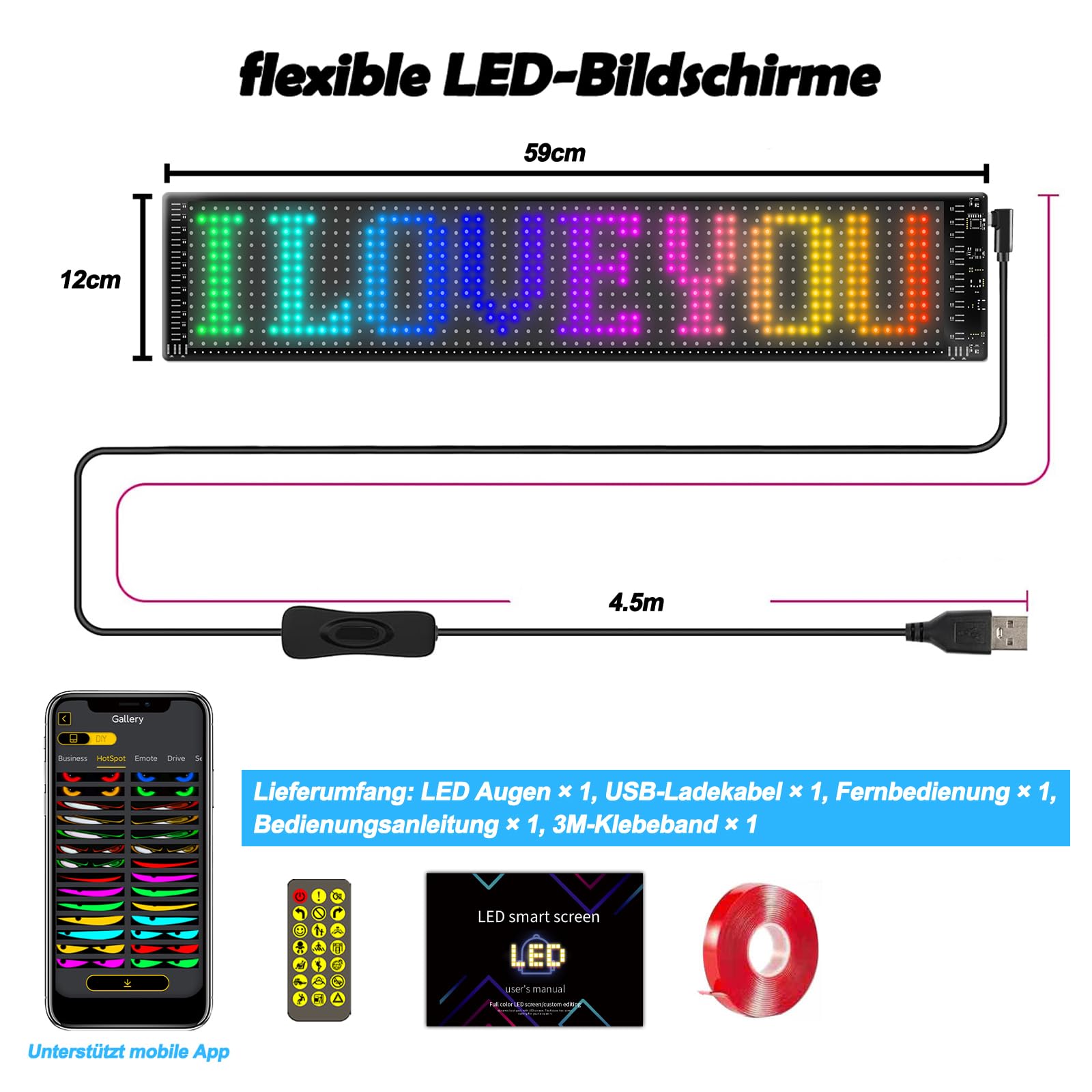 Großes LED-Auge für LKW (59x12cm) - Flexible, programmierbare LED-Anzeige - Fernbedienung & Bluetooth für Lauftext & Muster - Ideal für dynamische Werbung