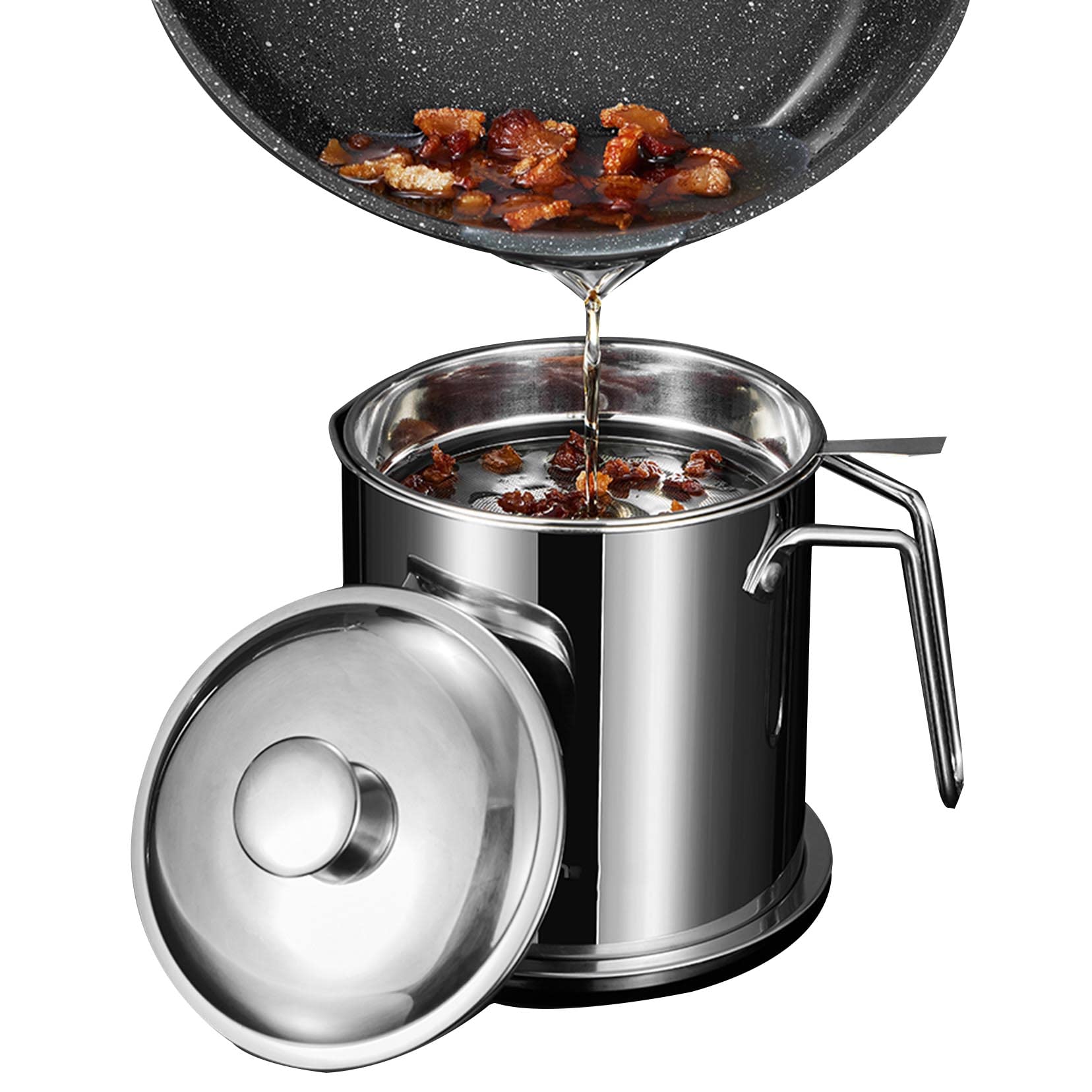 Recipiente de acero inoxidable para grasa de tocino (1,4 L, 1,8 L, 2,1 L) con colador, lata de almacenamiento de aceite de cocina para freír y cocinar, olla de grasa para uso en encimera, color