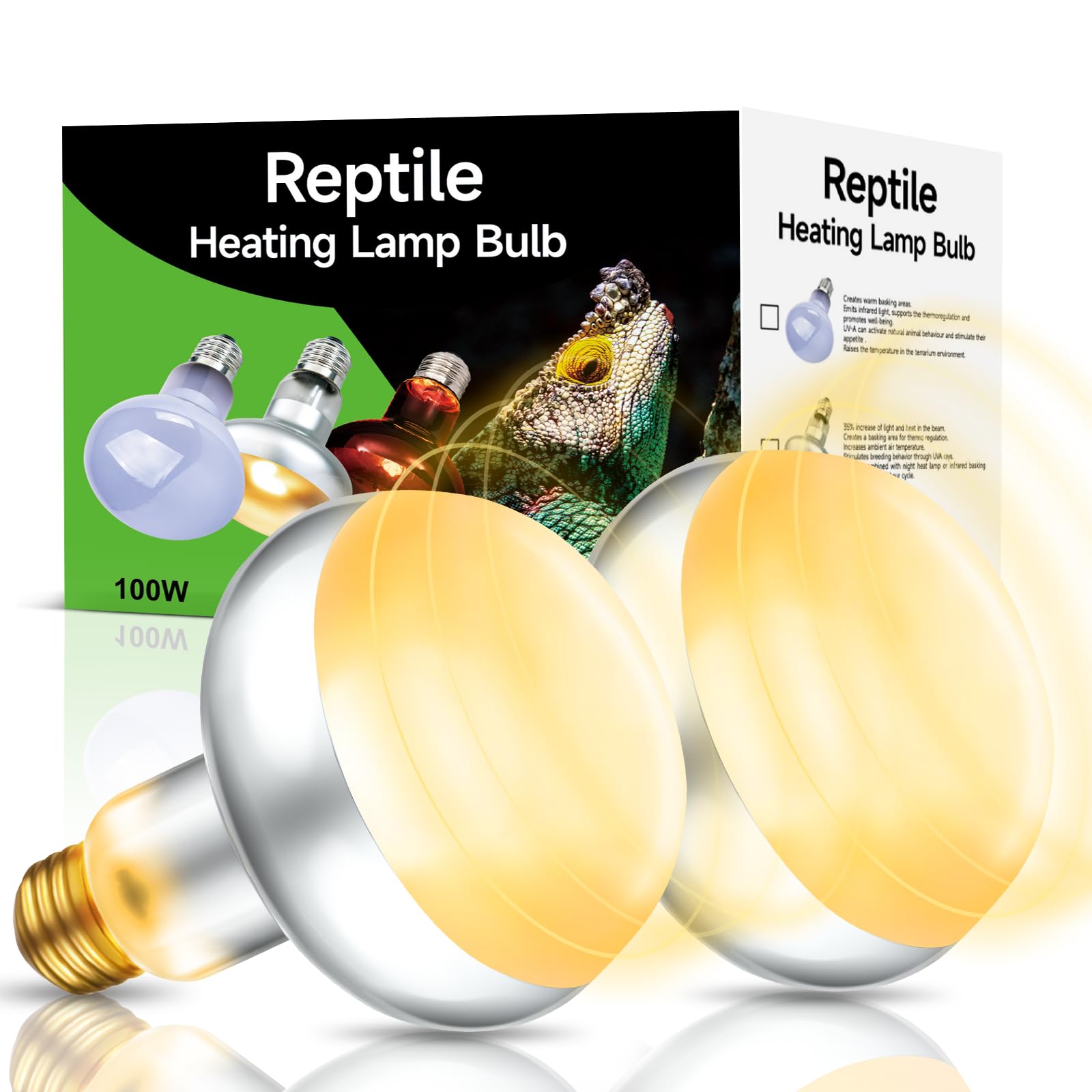 2-Pack 100W Reptile Heat Lamp Bulbs – UVA Daylight Basking Light for Bearded Dragons, Lizards, Turtles, E26 Base