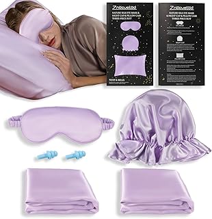 Silk Satin Pillowcase Standard Size Set of 2 for Hair and Skin,Plus Luxury Night Sleeping Hair Bonnet Cap and Soft Lavende...