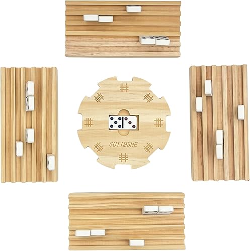 SUTIMSHE Juego de 4 bandejas de dominó de madera con cubo de madera con parte inferior de fieltro para dominó de tren mexicano, soportes para