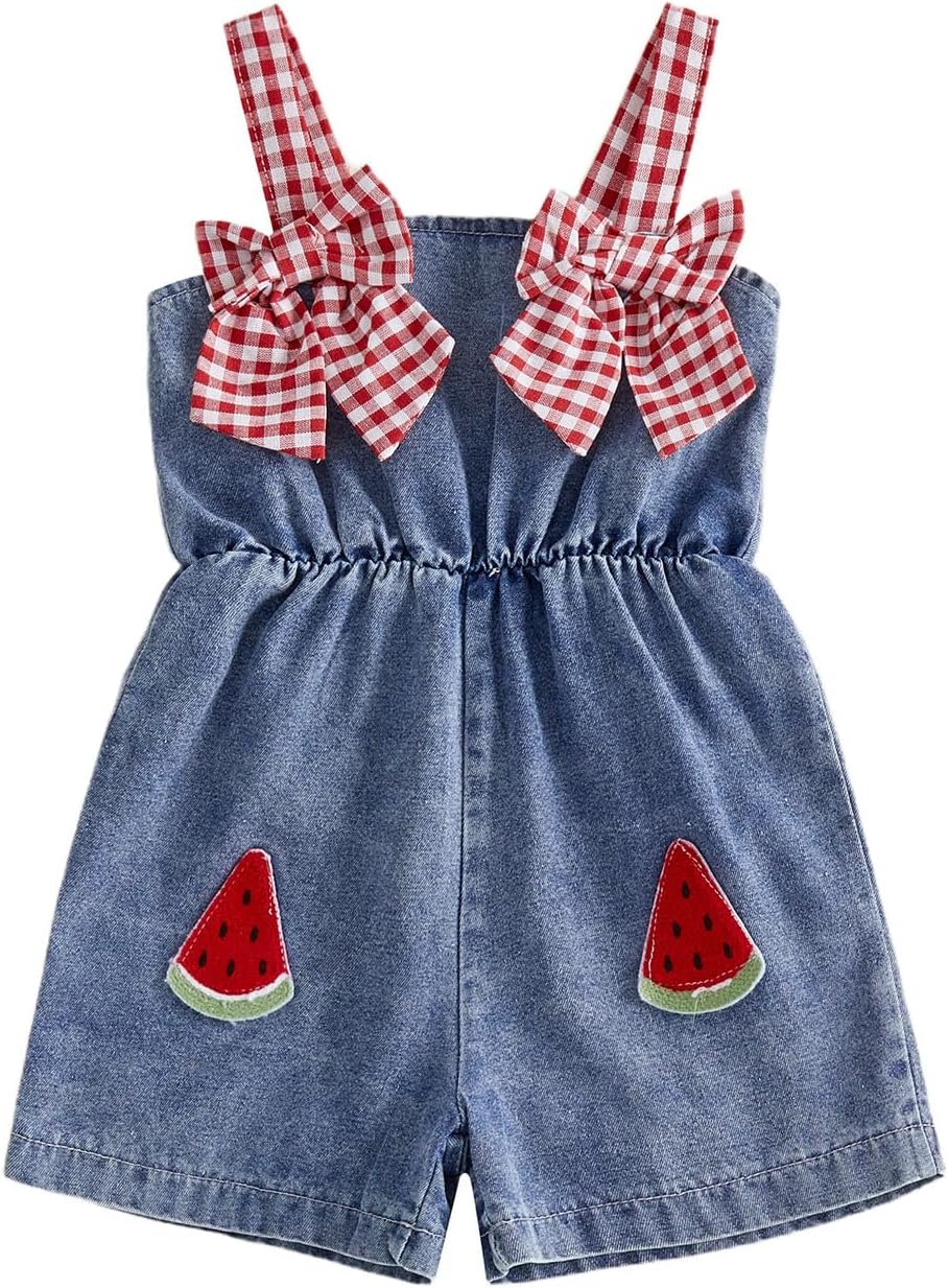 Baby Girl Denim Jumpsuit Toddler Plaid Bowknot Embroidery Romper Shorts Watermelon Overalls Summer Clothes