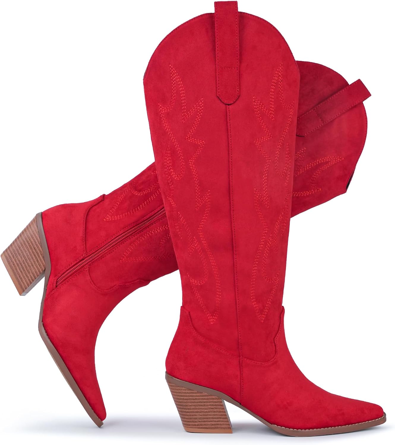 Cowgirl Boots Women Knee High Boots Pointed Toe and Block Heel Cowboy Suede and Faux Leather Western Boots with Embroidered and Side Zipper, Retro Classic Country Boots Pull On for Ladies - Image 5