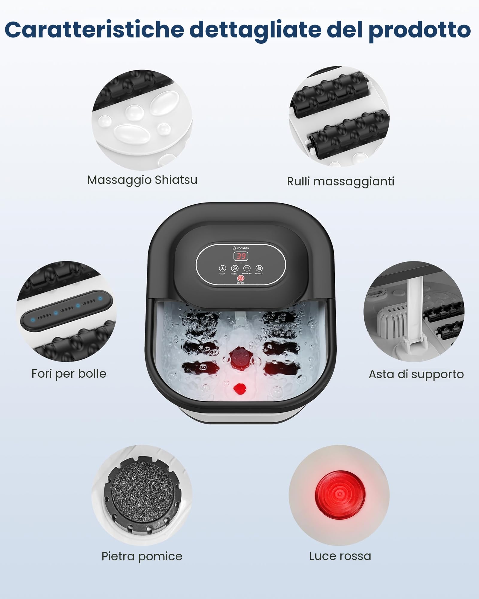 COMFIER Pediluvio Massaggiatore Pedi con Funzione di Riscaldamento, Funzione di Bolle, Vibrazione, Controllo della Temperatura, Pietra Pomice per Pedicure, Timer Intelligente, Regali per Uomini (Nero)