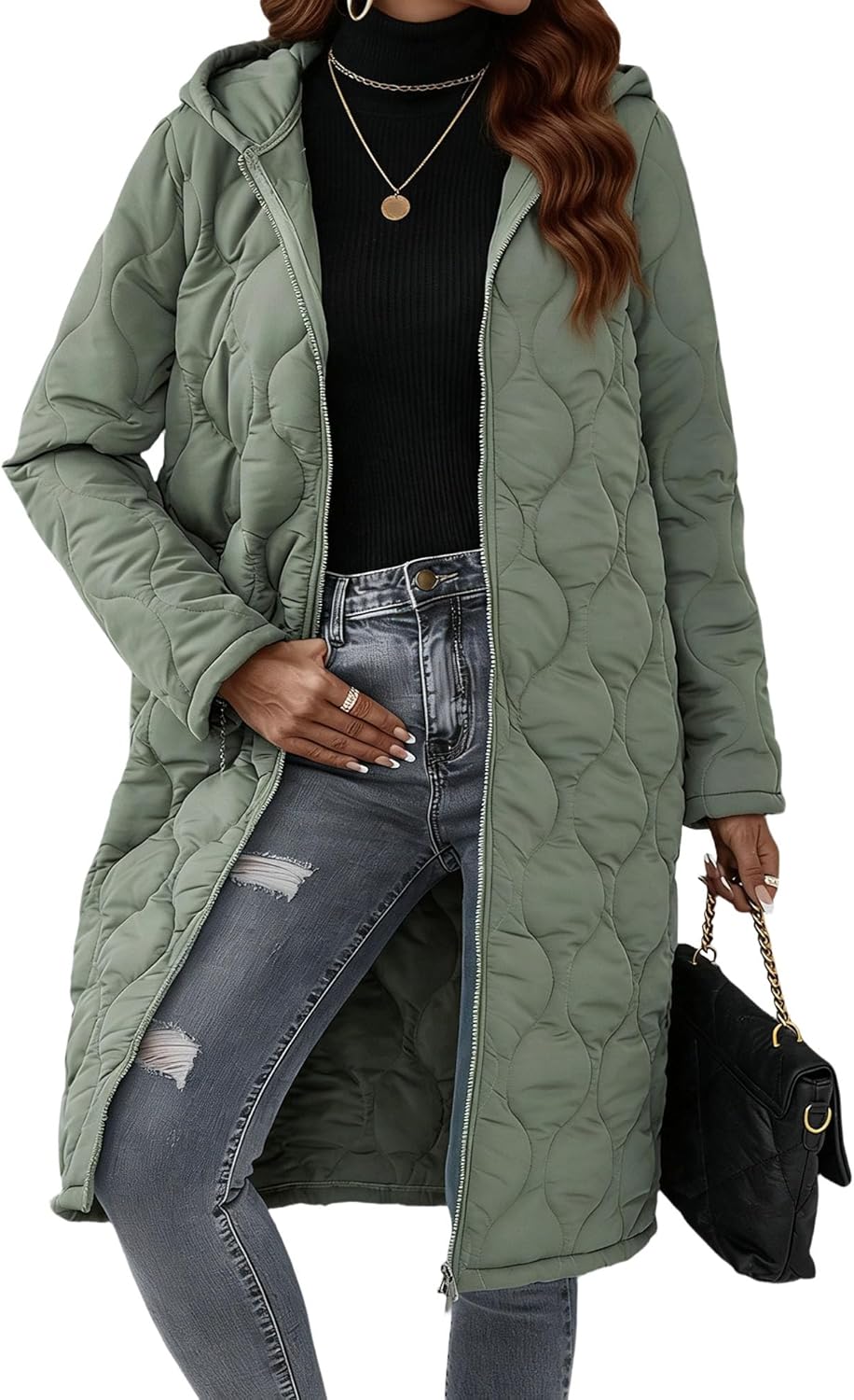 Women’s Long Hooded Puffer Coat Quilted Winter Jacket Warm Down Coat Stylish Winter Outerwear for Women with Pockets