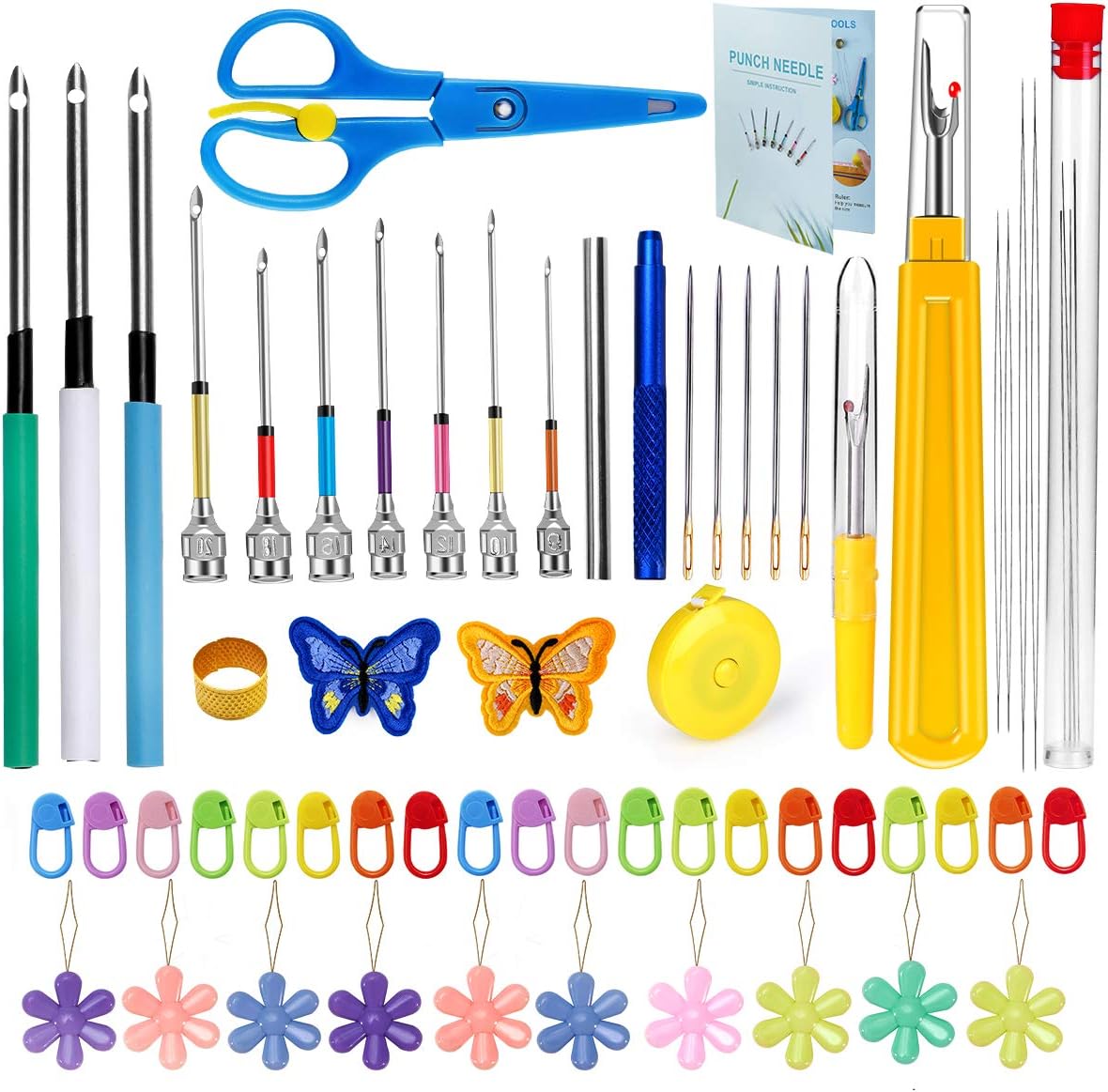 59 Pcs Punch Needle Set, Embroidery Beginner Kit with Punch Needles Sewing Seam Ripper Scissor Measure Tape Needle Threader Thimble Knitting Stitch Markers Beading Needles for Needle Punch DIY Sewing
